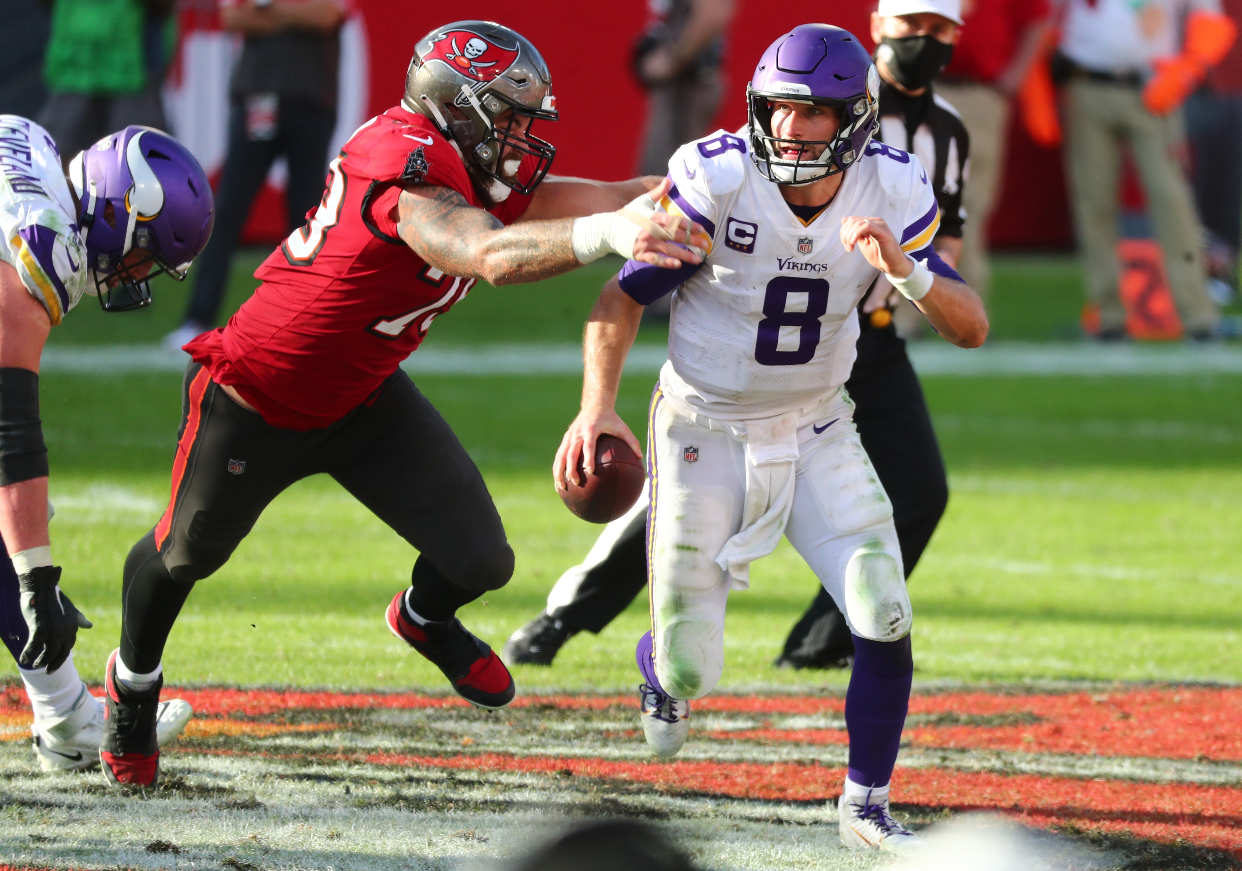 Dec 13, 2020; Tampa, Florida, USA;Tampa Bay Buccaneers defensive end Pat O'Connor (79) sacks Minnesota Vikings quarterback Kirk Cousins (8) during the second half at Raymond James Stadium. Mandatory Credit: Kim Klement-USA TODAY Sports