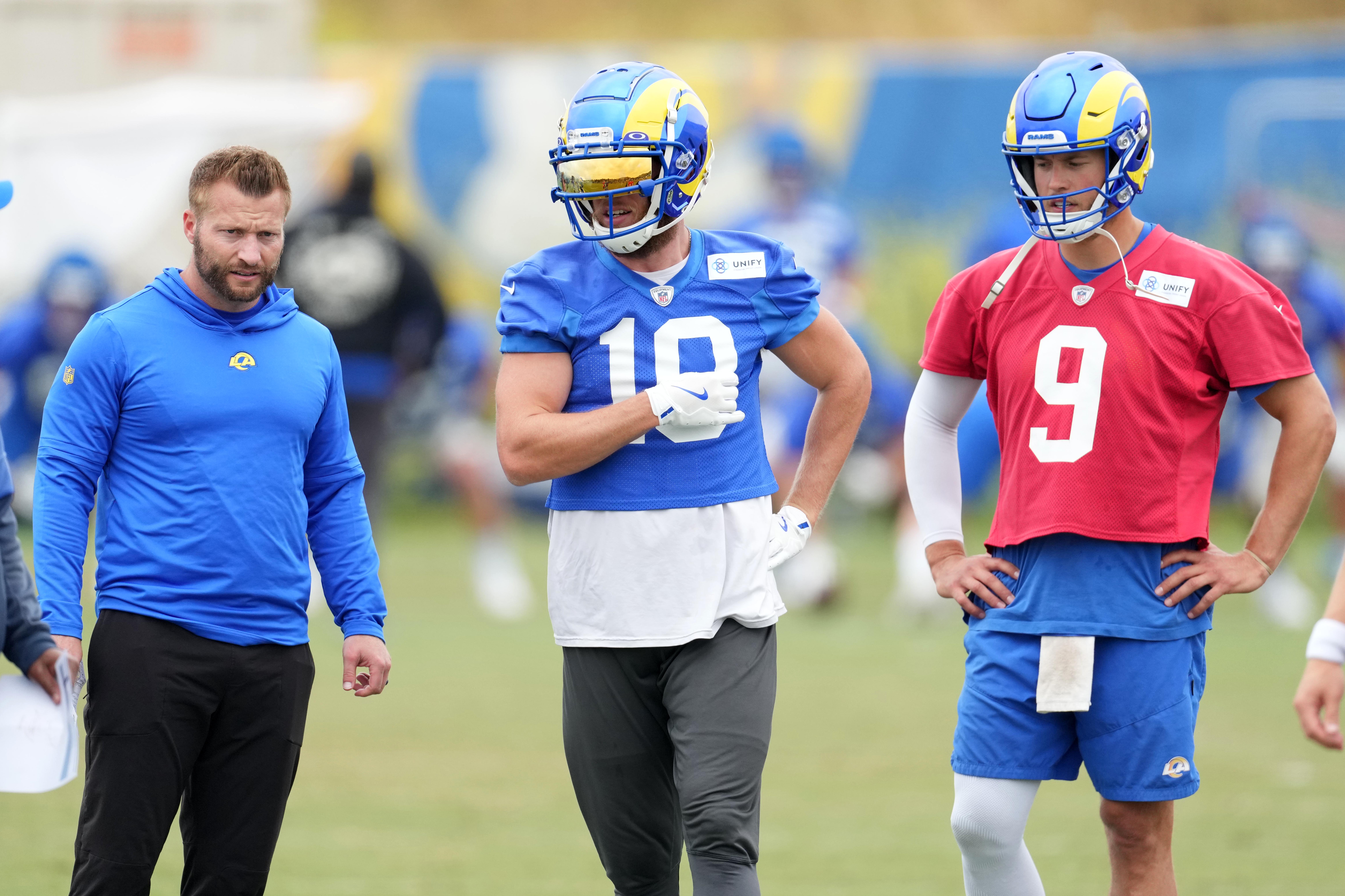 Los Angeles Rams coach Sean McVay (left), receiver Cooper Kupp (10) and quarterback Matthew Stafford (9) during minicamp at Cal Lutheran University. Mandatory Credit: Kirby Lee-USA TODAY