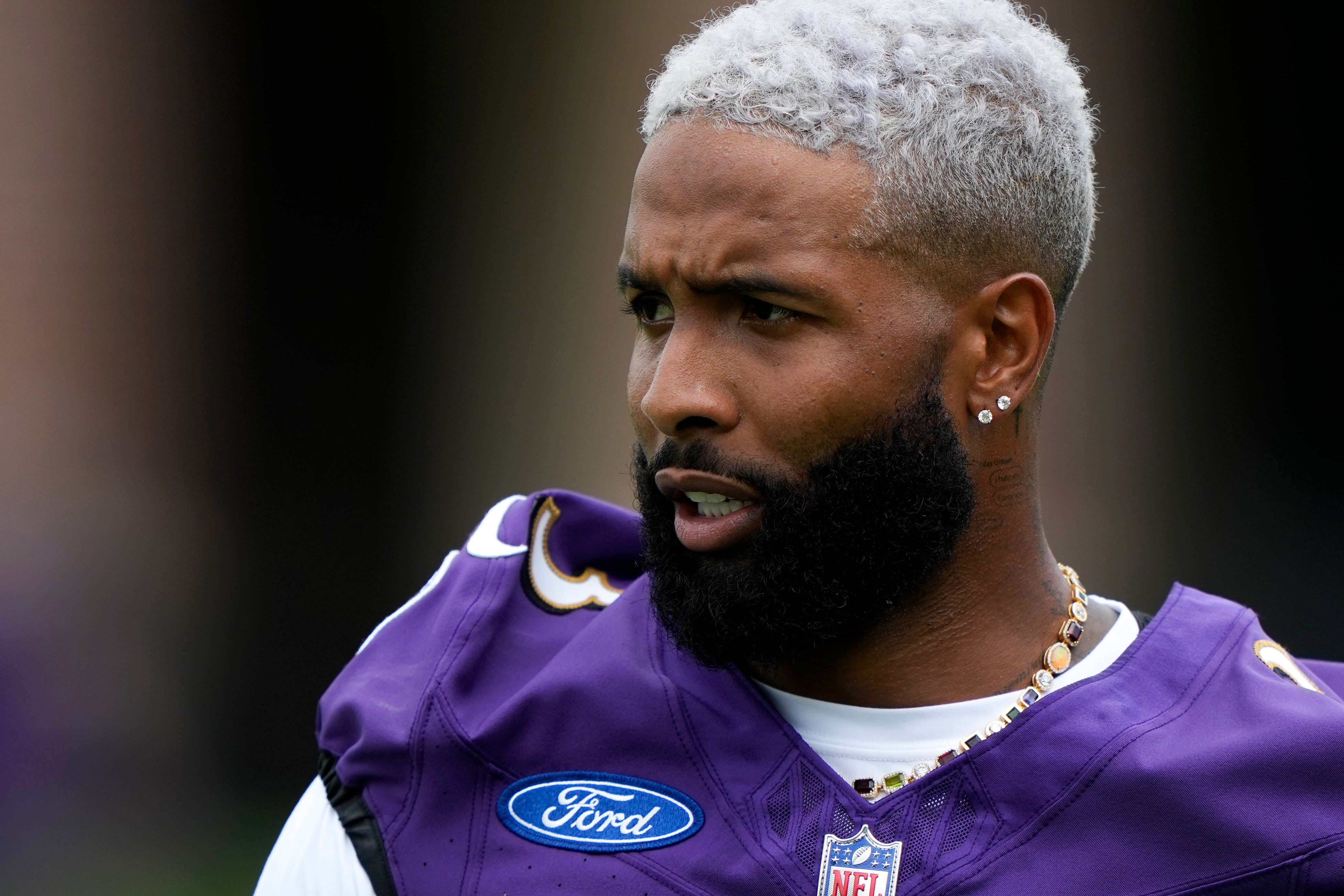 Jul 27, 2023; Owings Mills, MD, USA; Baltimore Ravens wide receiver Odell Beckham Jr. (3) reacts during training camp practice at Under Armour Performance Center. Mandatory Credit: Brent Skeen-USA TODAY Sports