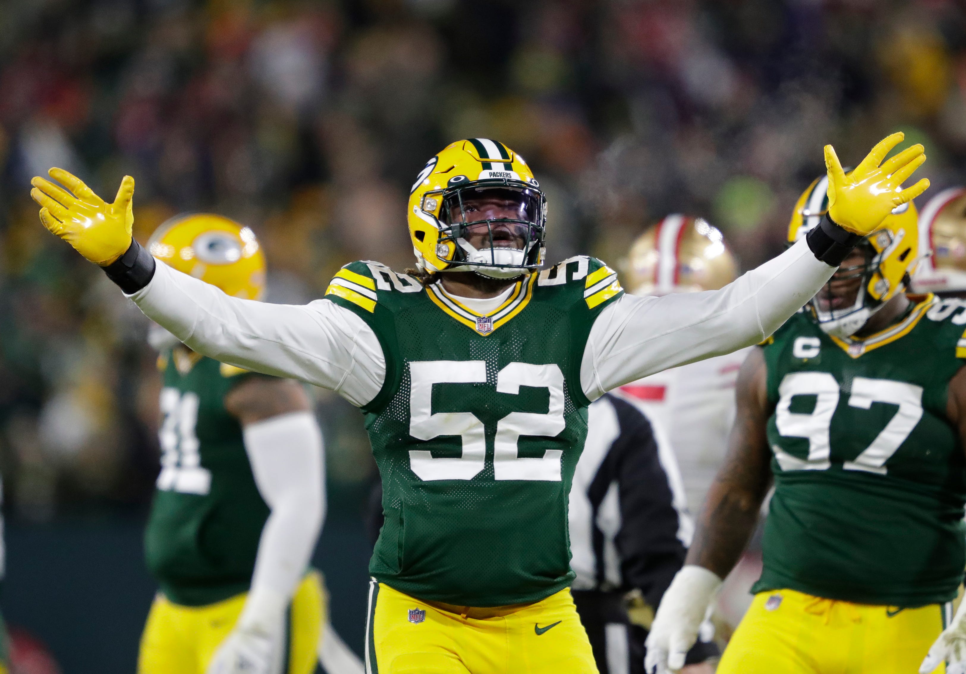 Green Bay Packers outside linebacker Rashan Gary (52) celebrates a fumble against the San Francisco 49ers in the second quarter during their NFL divisional round football playoff game Saturday January 22, 2022, at Lambeau Field in Green Bay, Wis. Dan Powers/USA TODAY NETWORK-Wisconsin