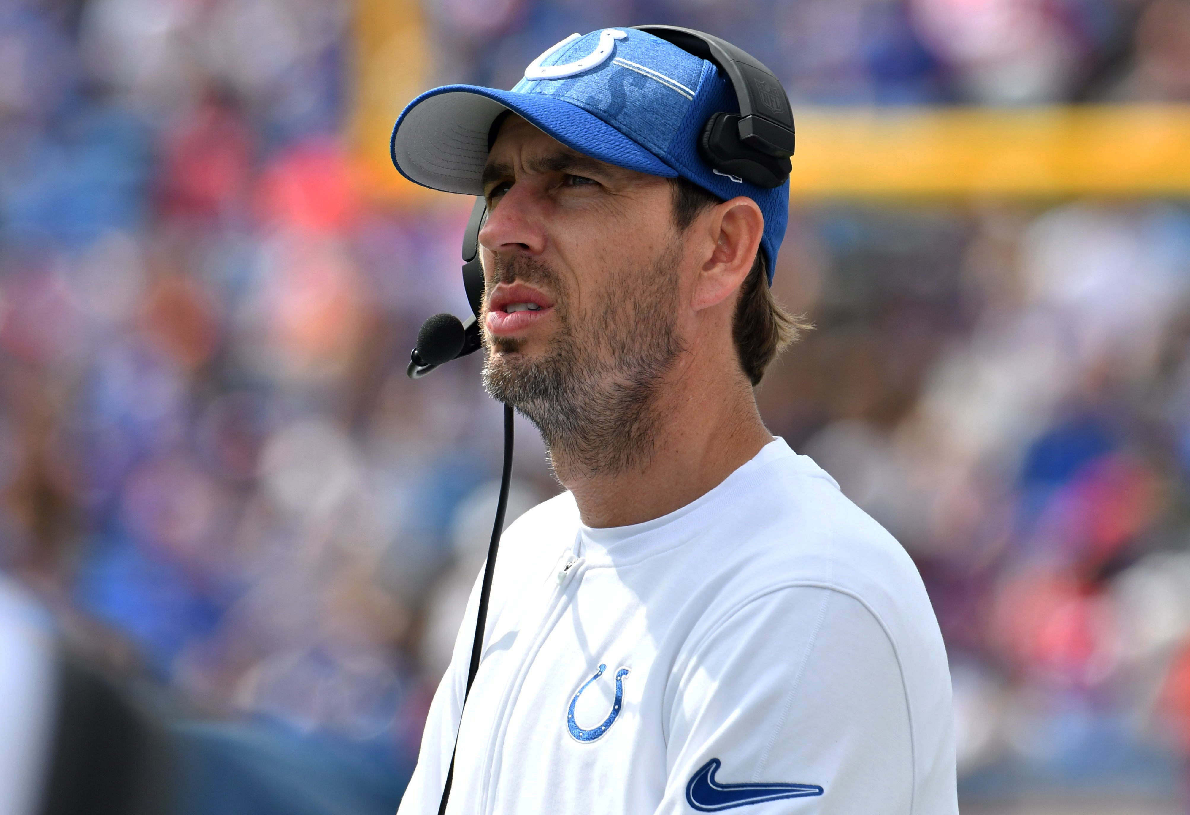 Aug 12, 2023; Orchard Park, New York, USA; Indianapolis Colts head coach Shane Steichen looks to the scoreboard in the third quarter against the Buffalo Bills at Highmark Stadium.