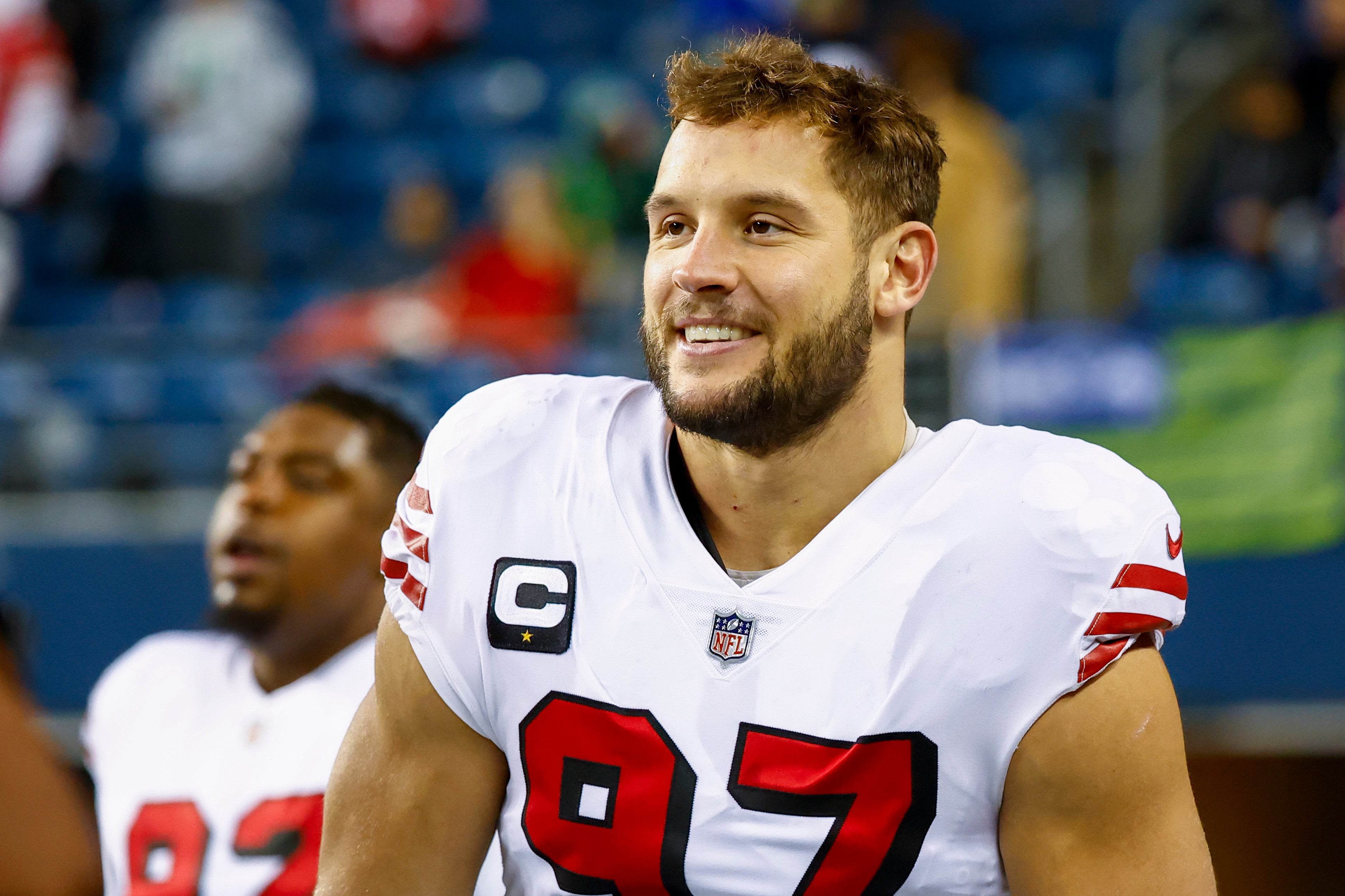 Dec 15, 2022; Seattle, Washington, USA; San Francisco 49ers defensive end Nick Bosa (97) walks to the locker room following pregame warmups against the Seattle Seahawks at Lumen Field. Mandatory Credit: Joe Nicholson-USA TODAY Sports