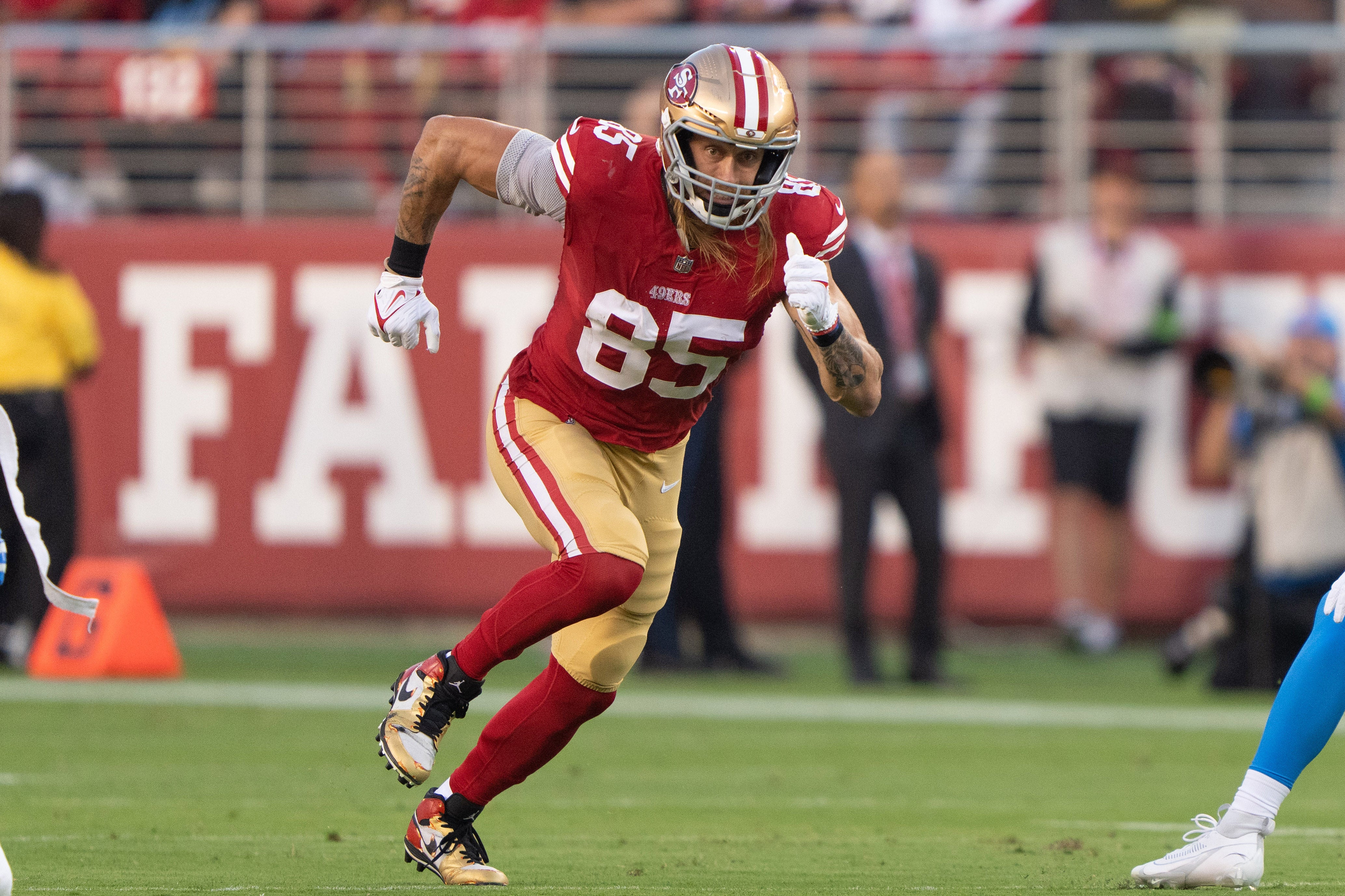 Aug 25, 2023; Santa Clara, California, USA; San Francisco 49ers tight end George Kittle (85) runs during the first quarter against the Los Angeles Chargers at Levi's Stadium. Mandatory Credit: Stan Szeto-USA TODAY Sports