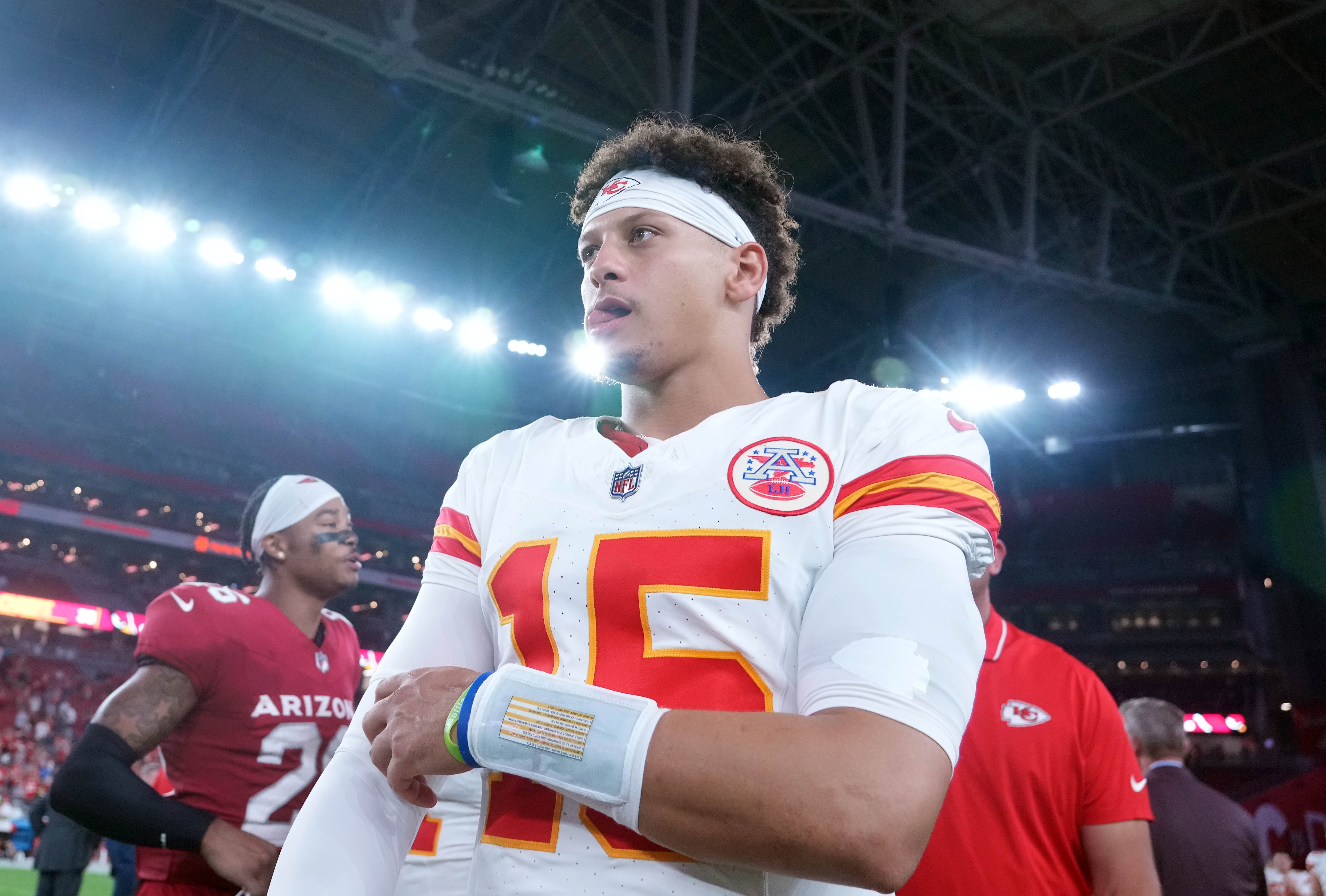 Aug 19, 2023; Glendale, Arizona, USA; Kansas City Chiefs quarterback Patrick Mahomes (15) leaves the field after the game against the Arizona Cardinals at State Farm Stadium. Joe Camporeale-USA TODAY Sports