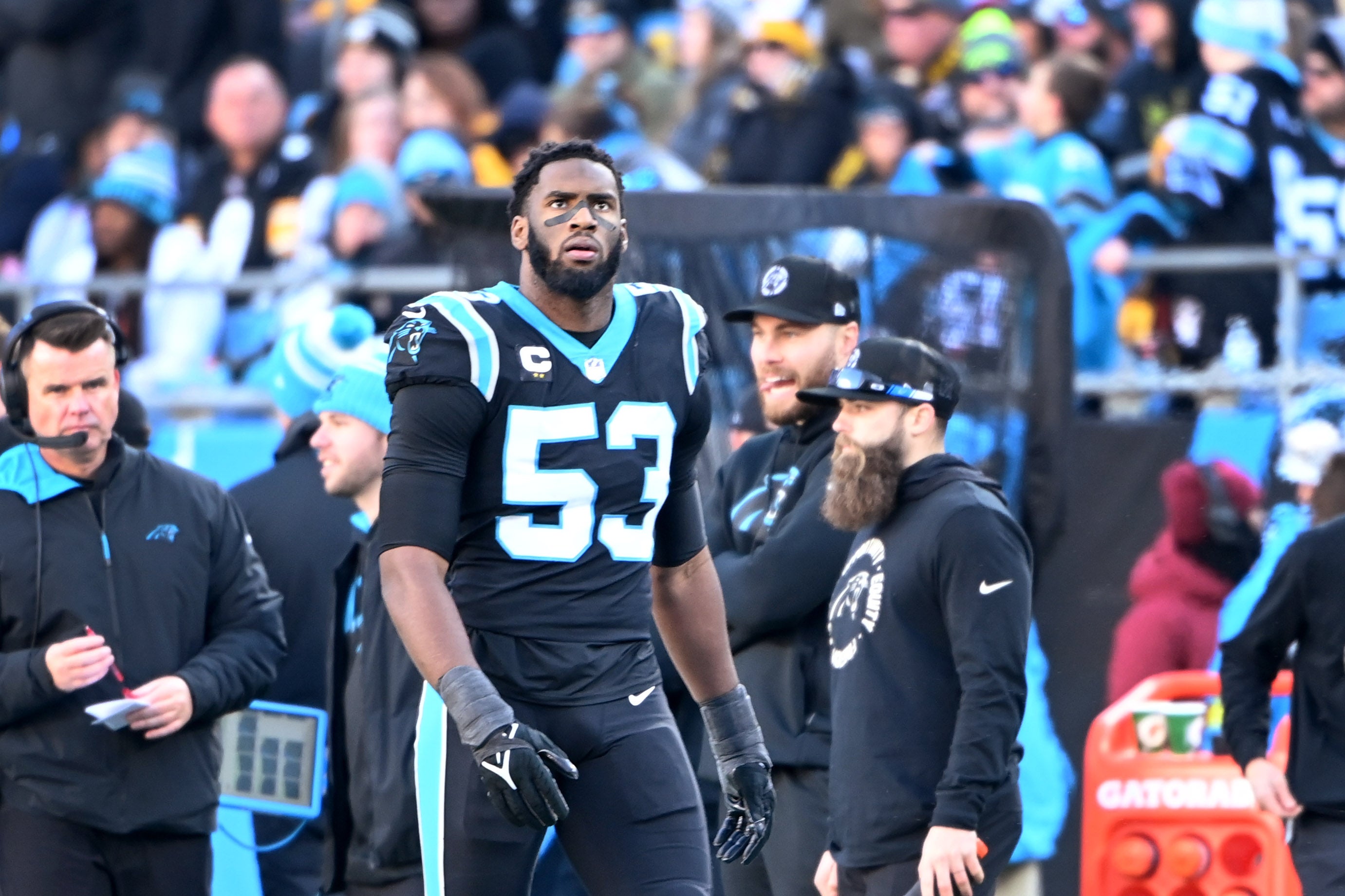 Dec 18, 2022; Charlotte, North Carolina, USA; Carolina Panthers defensive end Brian Burns (53) on the sideline in the fourth quarter at Bank of America Stadium. Mandatory Credit: Bob Donnan-USA TODAY Sports
