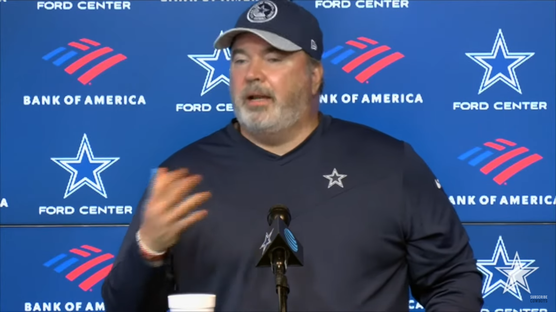 Cowboys head coach Mike McCarthy talks to the media about kicker Brandon Aubrey.