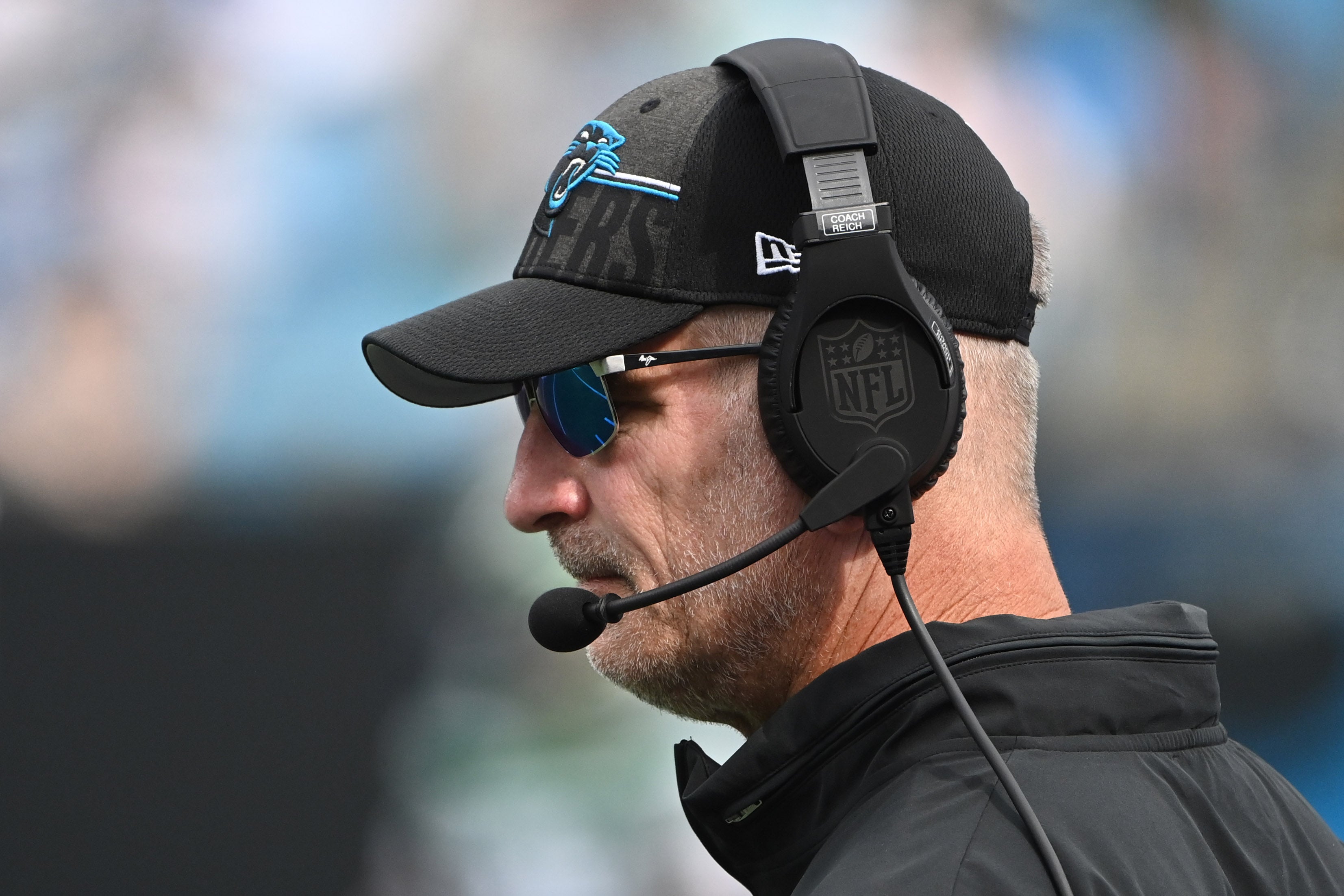 Aug 12, 2023; Charlotte, North Carolina, USA; Carolina Panthers head coach Frank Reich in the second quarter at Bank of America Stadium. Mandatory Credit: Bob Donnan-USA TODAY Sports