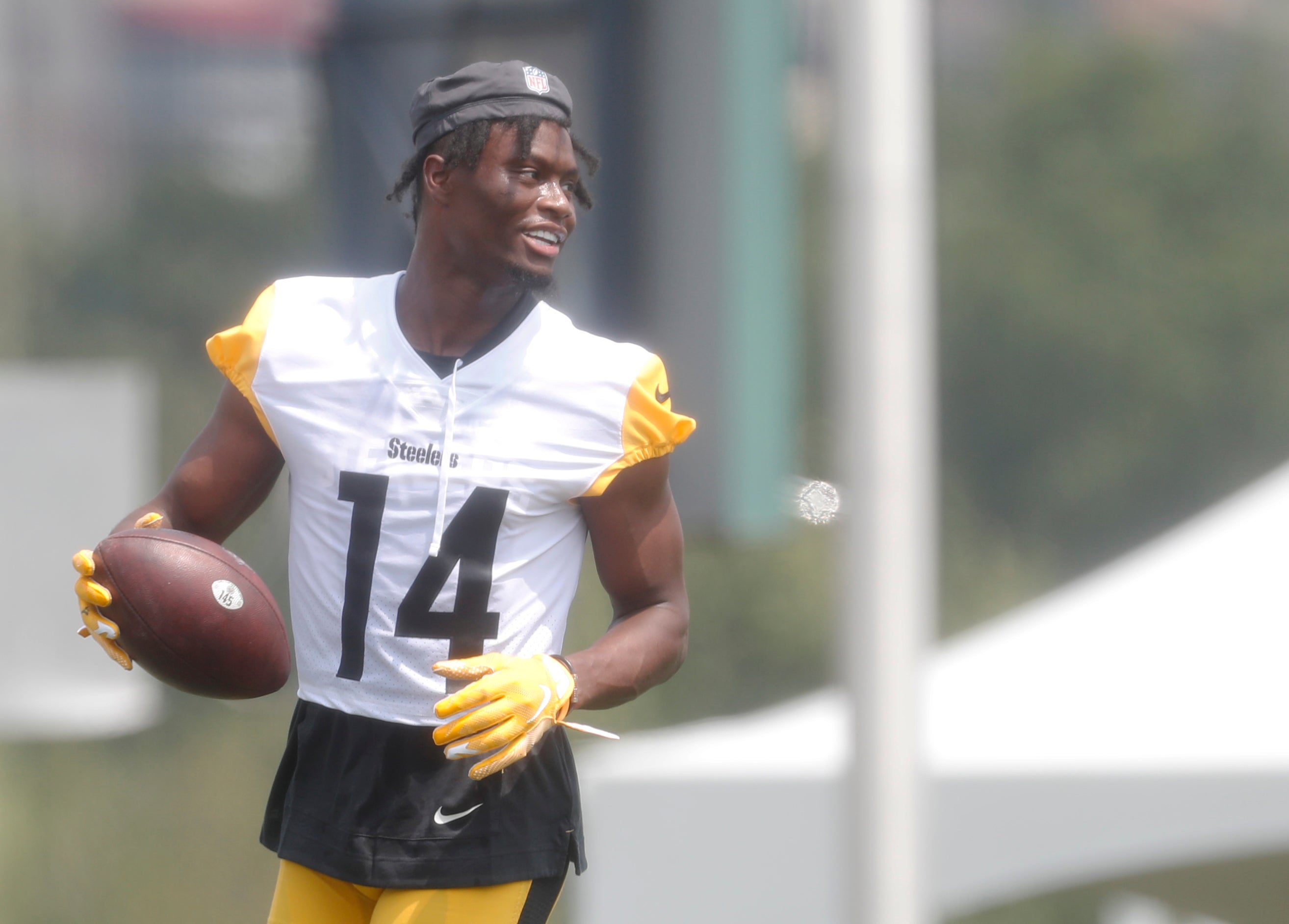 Jul 27, 2023; Latrobe, PA, USA; Pittsburgh Steelers wide receiver George Pickens (14) participates in drills during training camp at Saint Vincent College. Mandatory Credit: Charles LeClaire-USA TODAY Sports