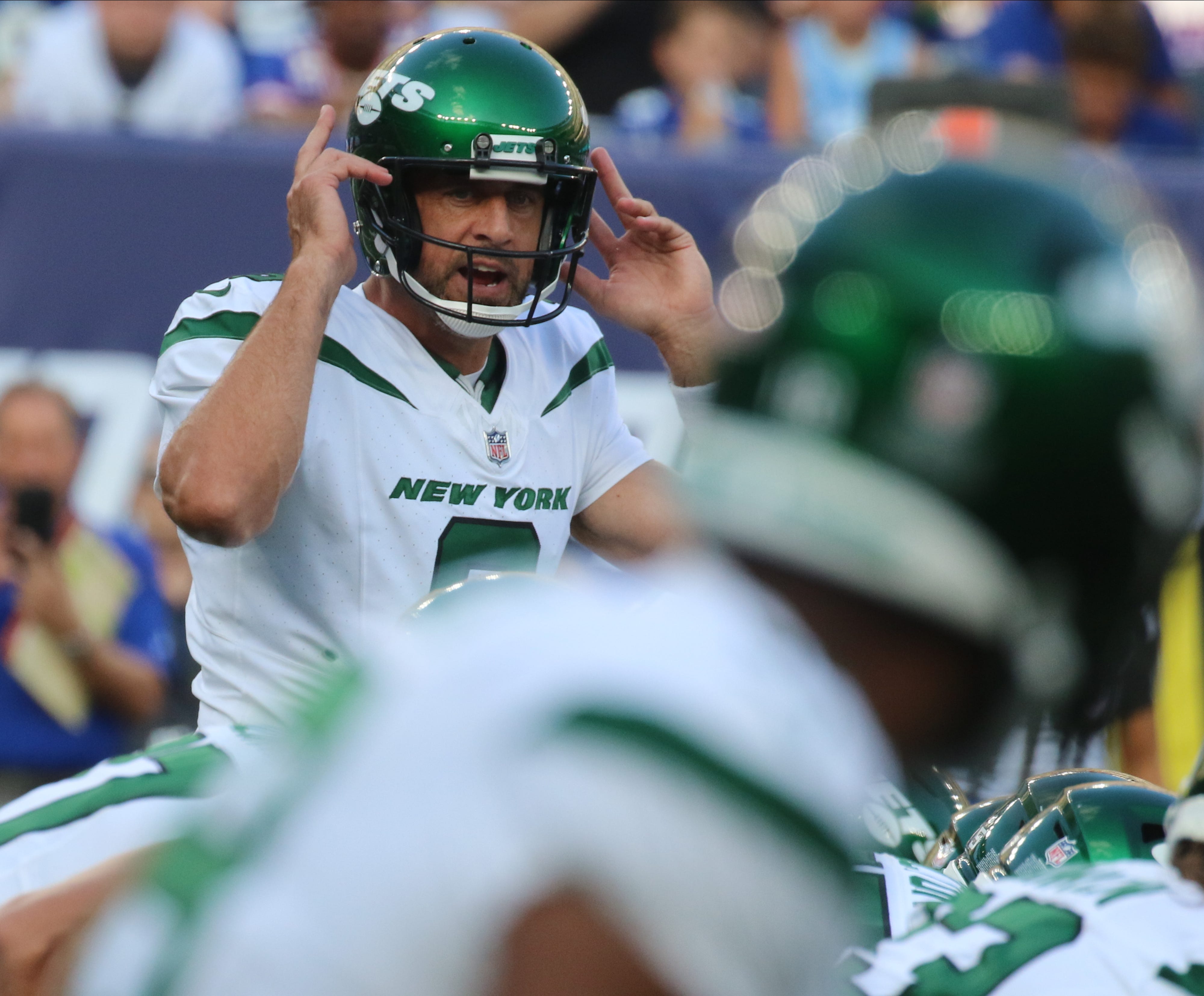 Jets quarterback Aaron Rodgers on the first offensive series for the Jets in the first half. The NY Jets against the NY Giants on August 26, 2023 at MetLife Stadium in East Rutherford, NJ, as the rivals play their final preseason game before the start of the NFL season.