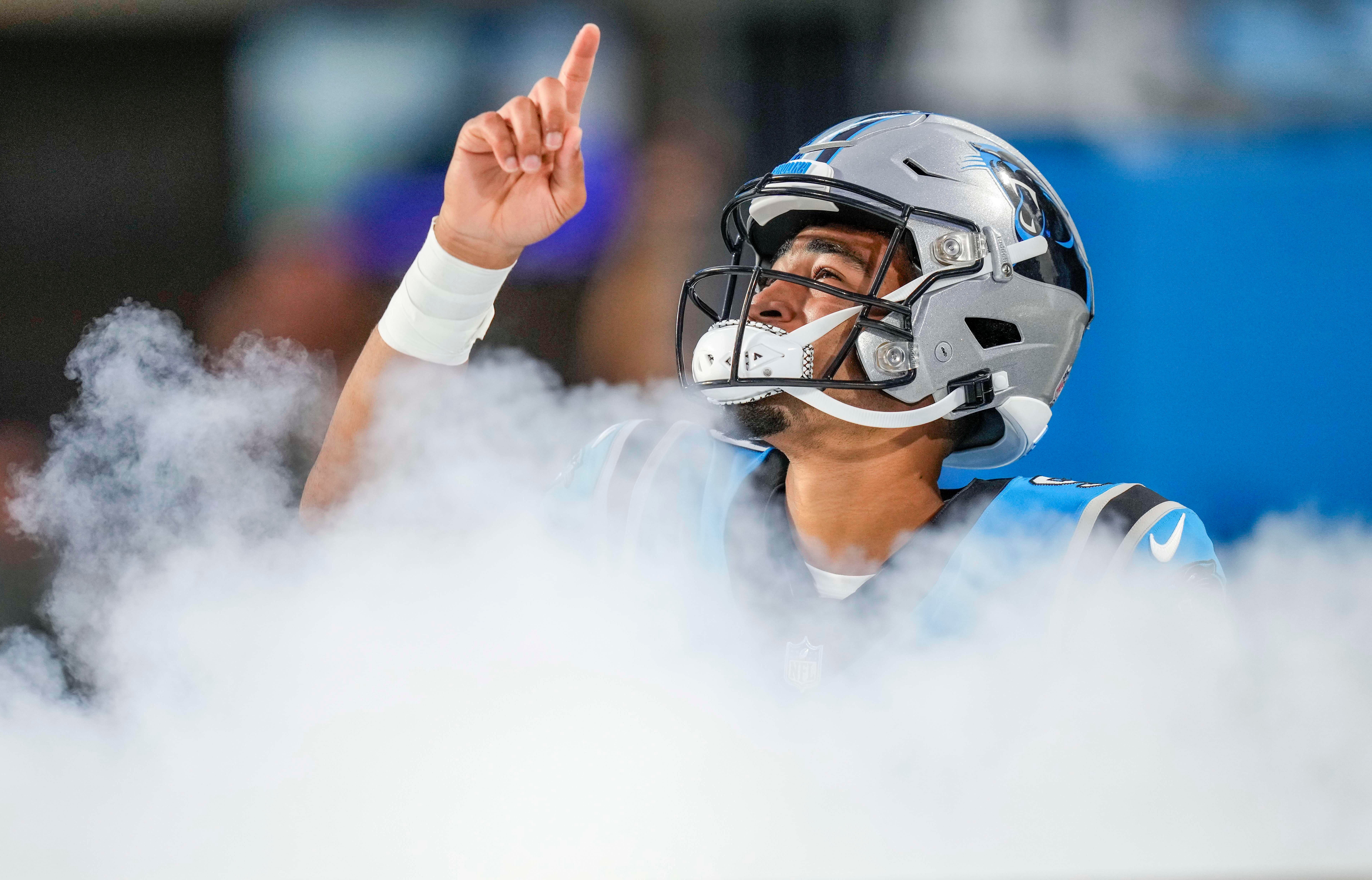 Aug 25, 2023; Charlotte, North Carolina, USA; Carolina Panthers quarterback Bryce Young (9) takes the field during the first quarter against the Detroit Lions at Bank of America Stadium. Mandatory Credit: Jim Dedmon-USA TODAY Sports