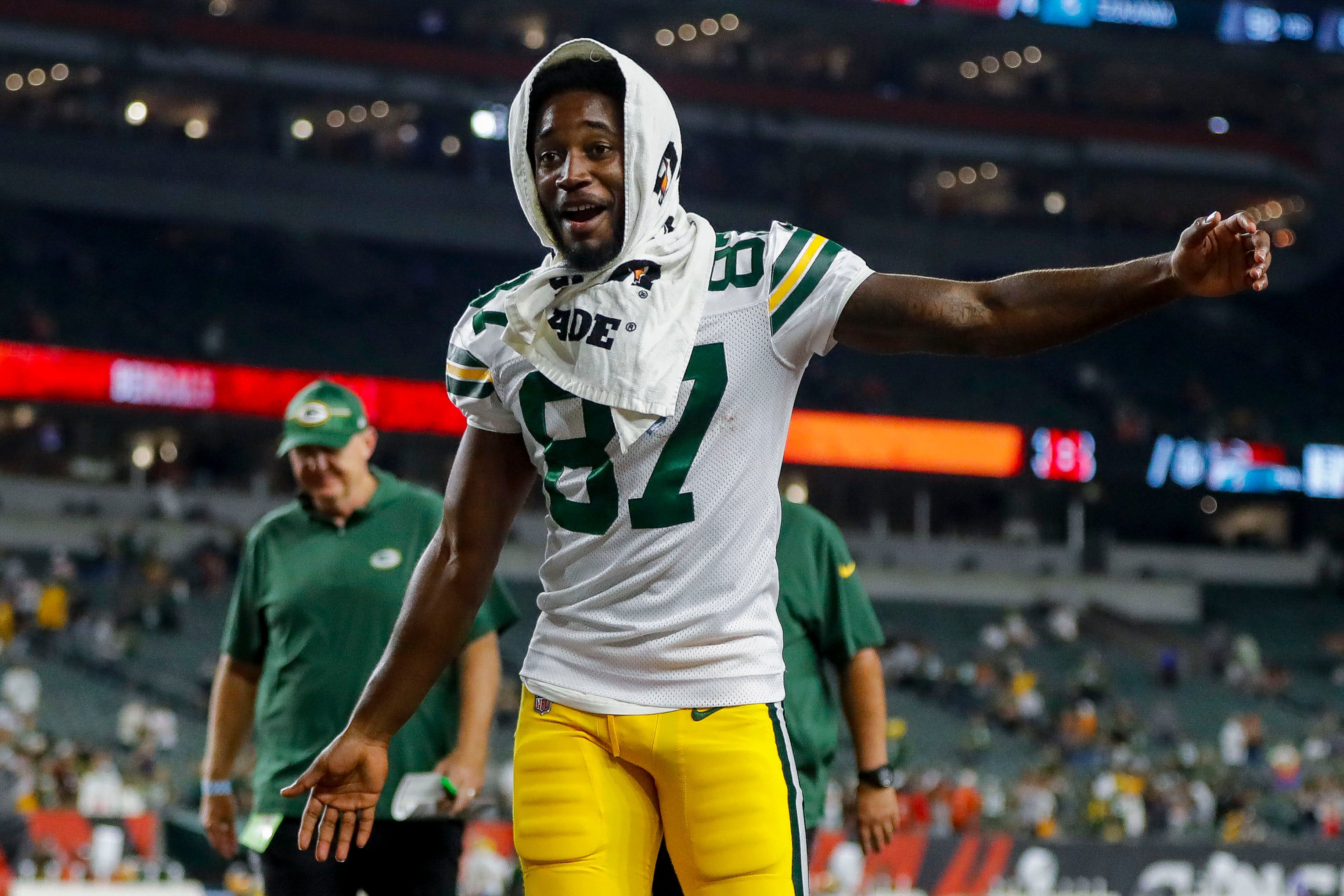 Aug 11, 2023; Cincinnati, Ohio, USA; Green Bay Packers wide receiver Romeo Doubs (87) walks off the field after a victory over the Cincinnati Bengals at Paycor Stadium. Katie Stratman-USA TODAY Sports