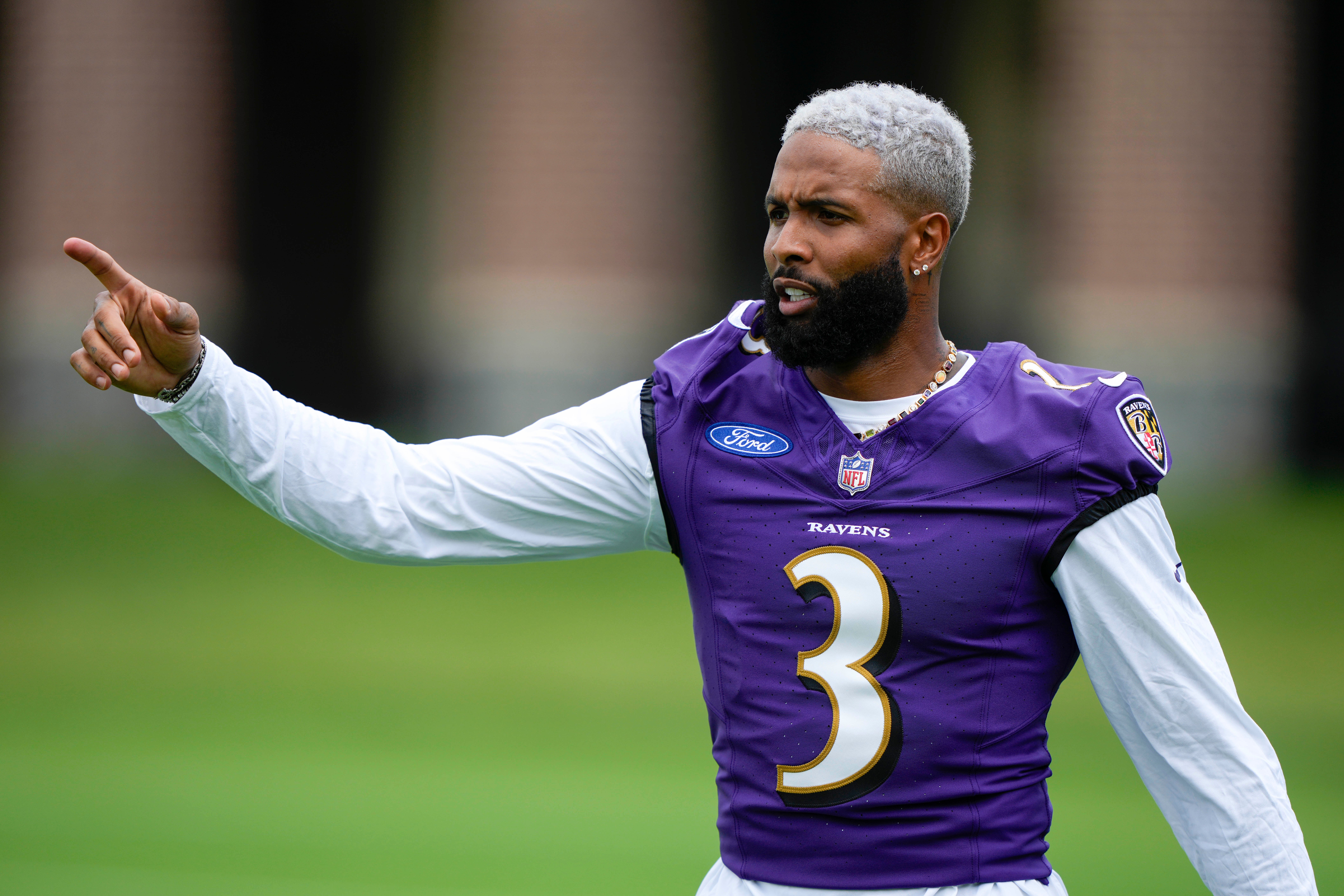 Jul 27, 2023; Owings Mills, MD, USA; Baltimore Ravens wide receiver Odell Beckham Jr. (3) reacts during training camp practice at Under Armour Performance Center. Mandatory Credit: Brent Skeen-USA TODAY Sports