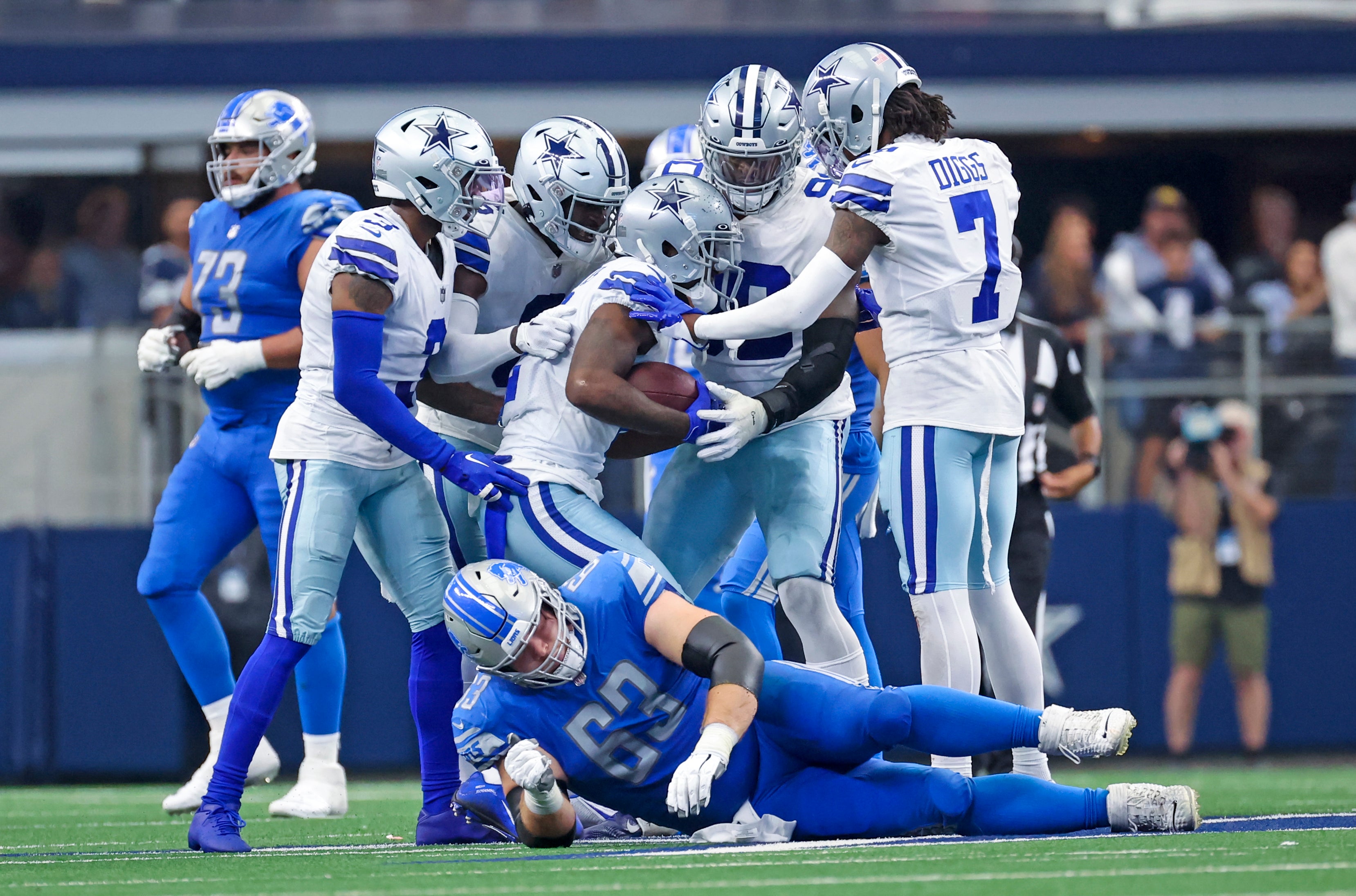 Dallas Cowboys cornerback Jourdan Lewis (2) celebrates with teammates after intercepting a ball during the second half against the Detroit Lions at AT&T Stadium. Mandatory Credit: Kevin Jairaj-USA TODAY Sports