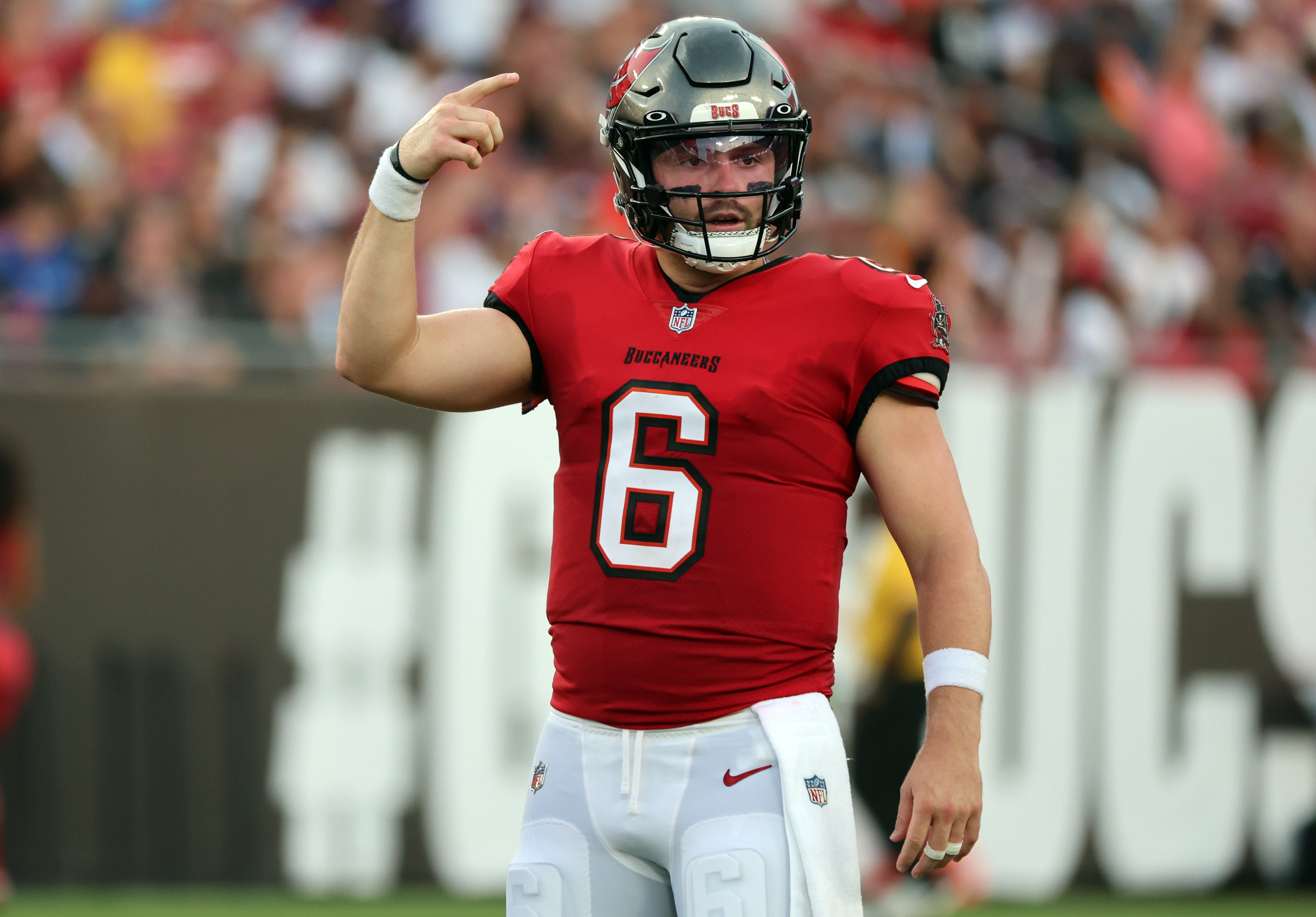 Aug 26, 2023; Tampa, Florida, USA; Tampa Bay Buccaneers quarterback Baker Mayfield (6) looks to the sidelines against the Baltimore Ravens during the first quarter at Raymond James Stadium. Mandatory Credit: Kim Klement Neitzel-USA TODAY Sports