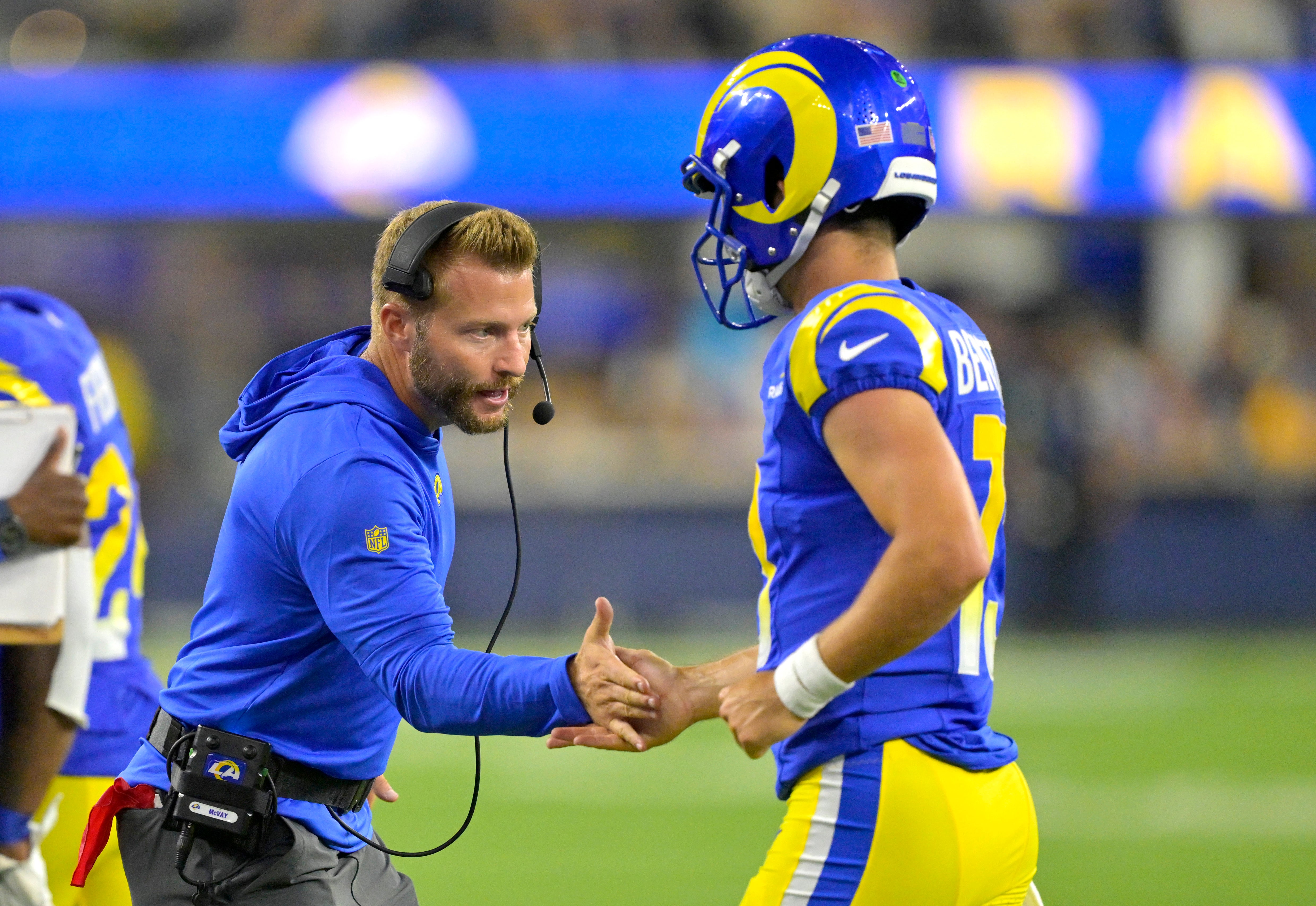 Los Angeles Rams coach Sean McVay congratulates quarterback Stetson Bennett (13) after a touchdown in the second half against the Los Angeles Chargers at SoFi Stadium. Mandatory Credit: Jayne Kamin-Oncea-USA TODAY Sports