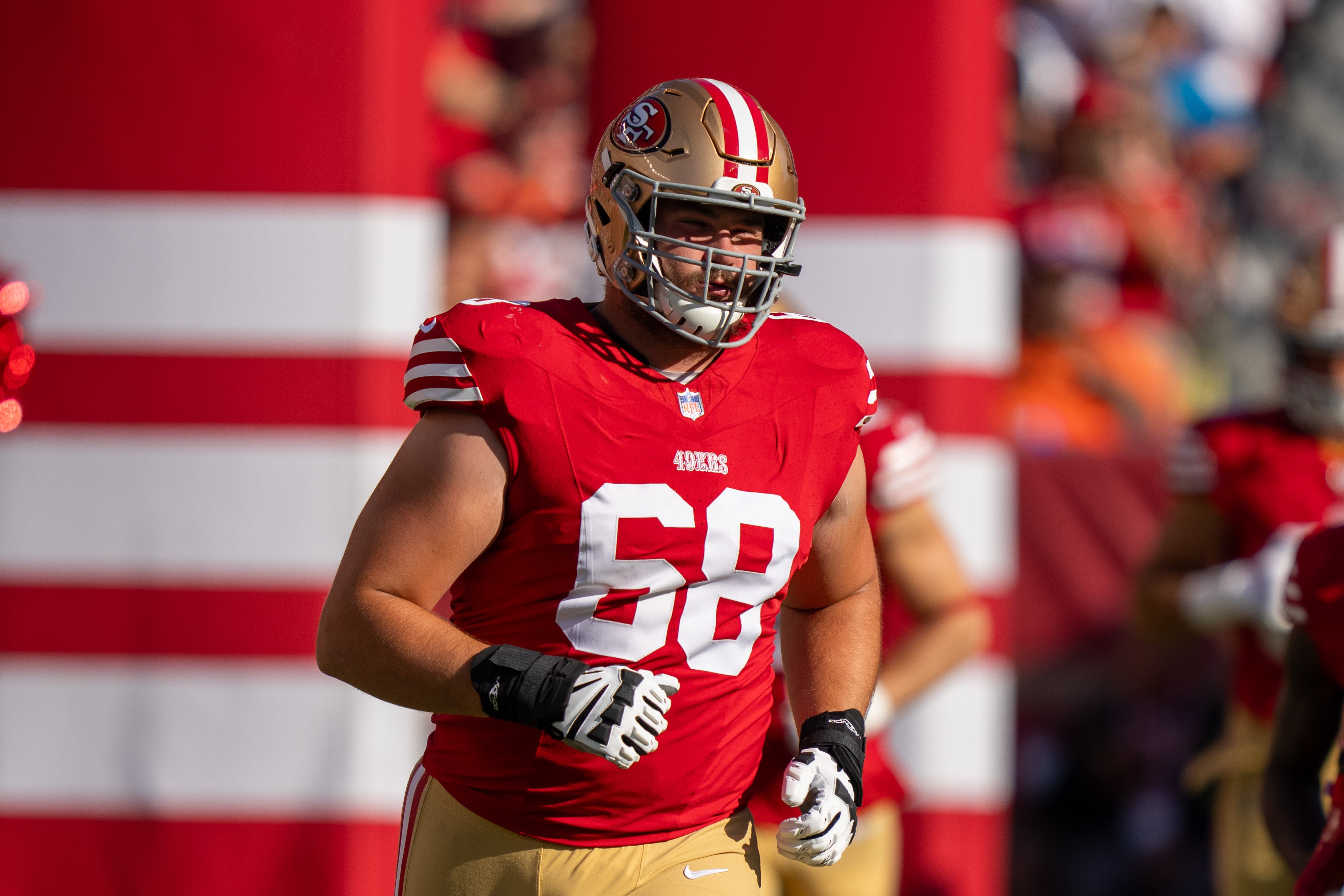 August 19, 2023; Santa Clara, California, USA; San Francisco 49ers offensive tackle Colton McKivitz (68) before the game against the Denver Broncos at Levi's Stadium. Mandatory Credit: Kyle Terada-USA TODAY Sports