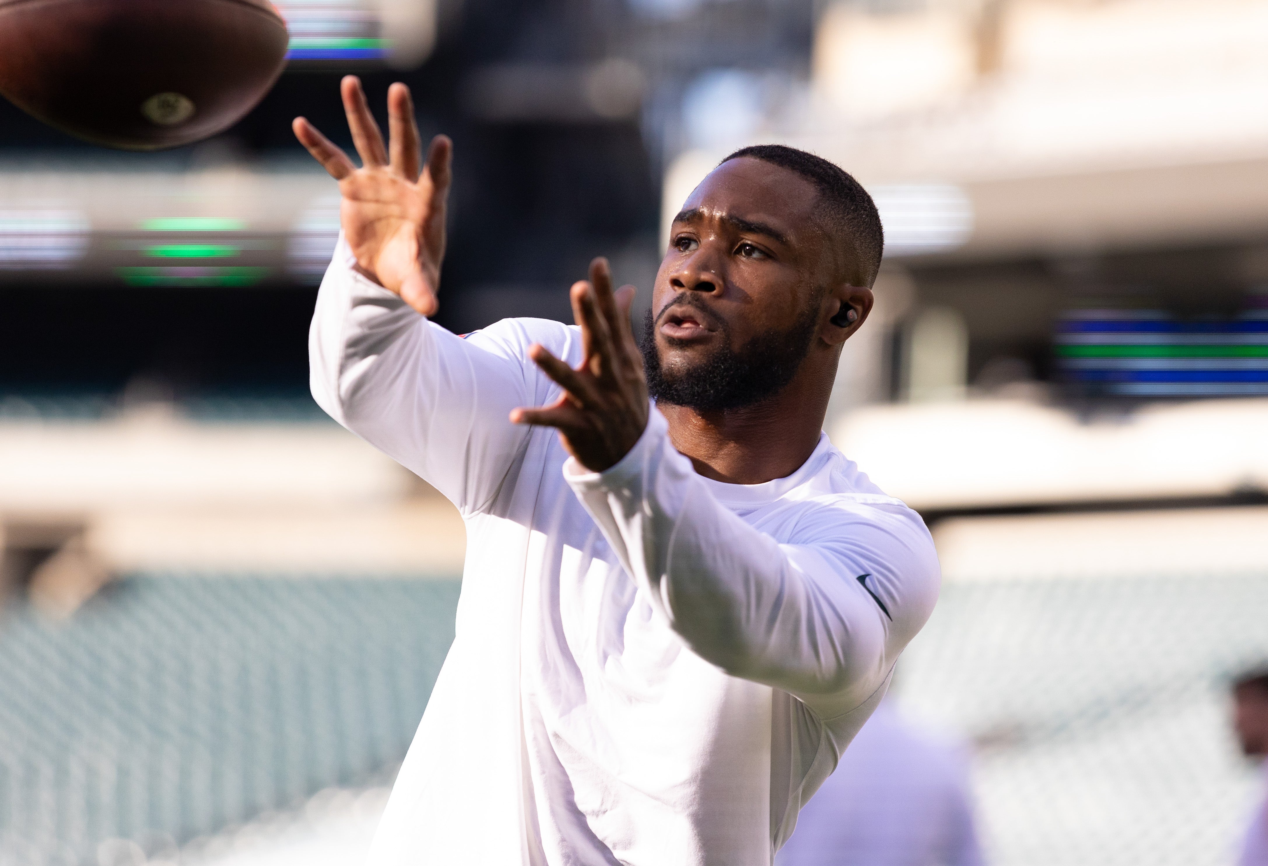 Aug 12, 2022; Philadelphia, Pennsylvania, USA; Philadelphia Eagles running back Miles Sanders warms up before a game against the New York Jets at Lincoln Financial Field. Mandatory Credit: Bill Streicher-USA TODAY Sports