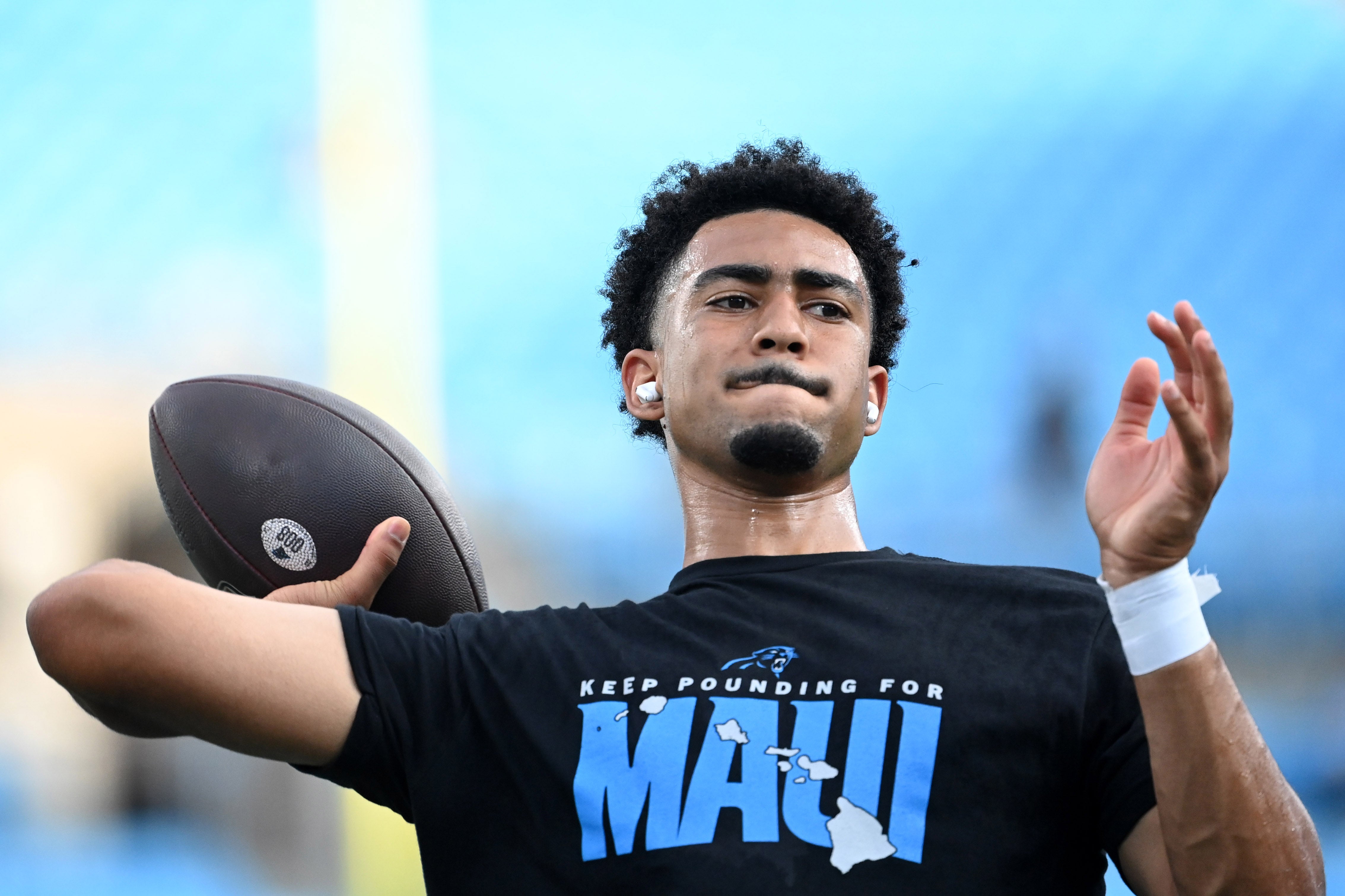 Aug 25, 2023; Charlotte, North Carolina, USA; Carolina Panthers quarterback Bryce Young (9) warms up before the game at Bank of America Stadium. Mandatory Credit: Bob Donnan-USA TODAY Sports