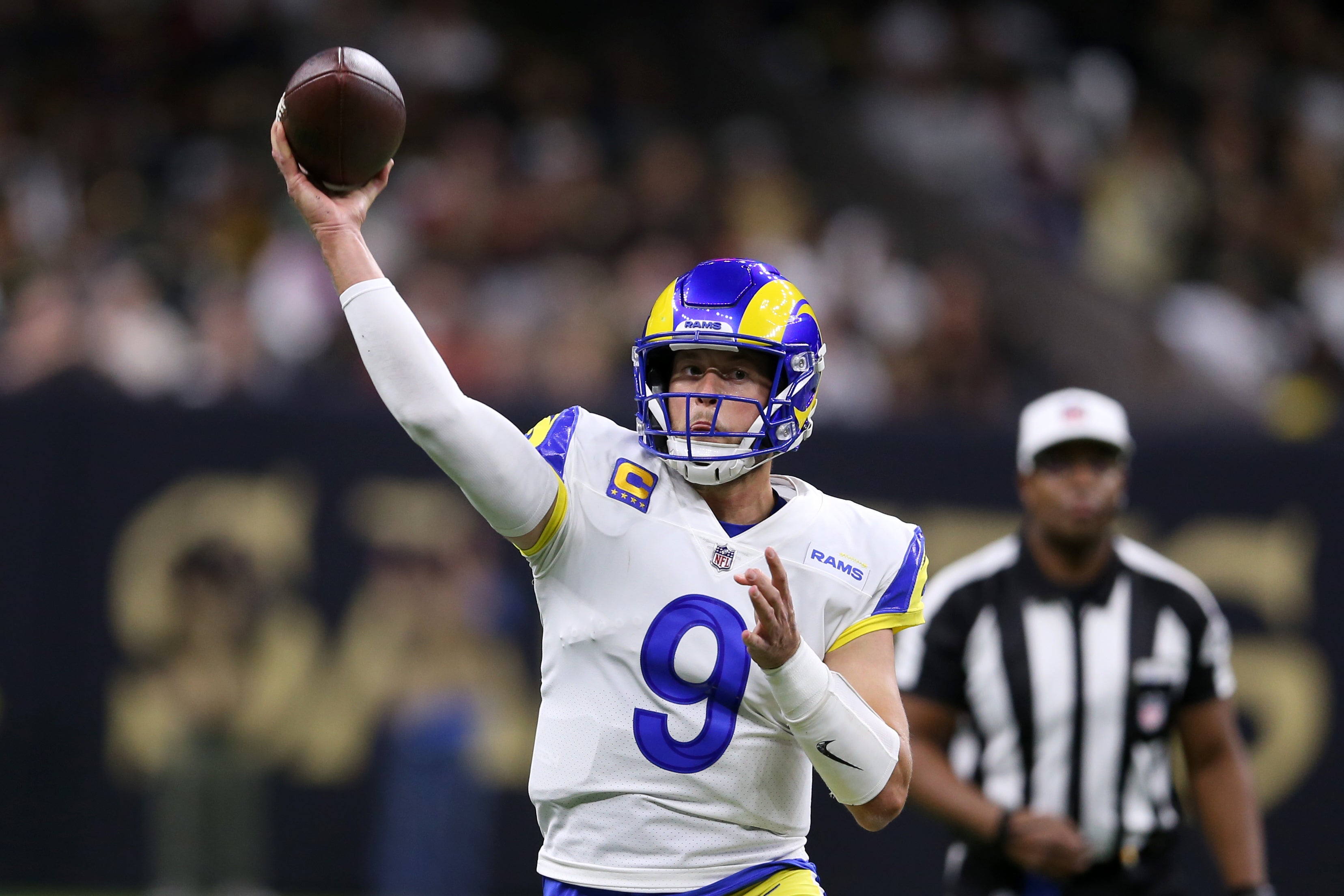 Los Angeles Rams quarterback Matthew Stafford (9) makes a throw in the second quarter against the New Orleans Saints at the Caesars Superdome. Mandatory Credit: Chuck Cook-USA TODAY Sports