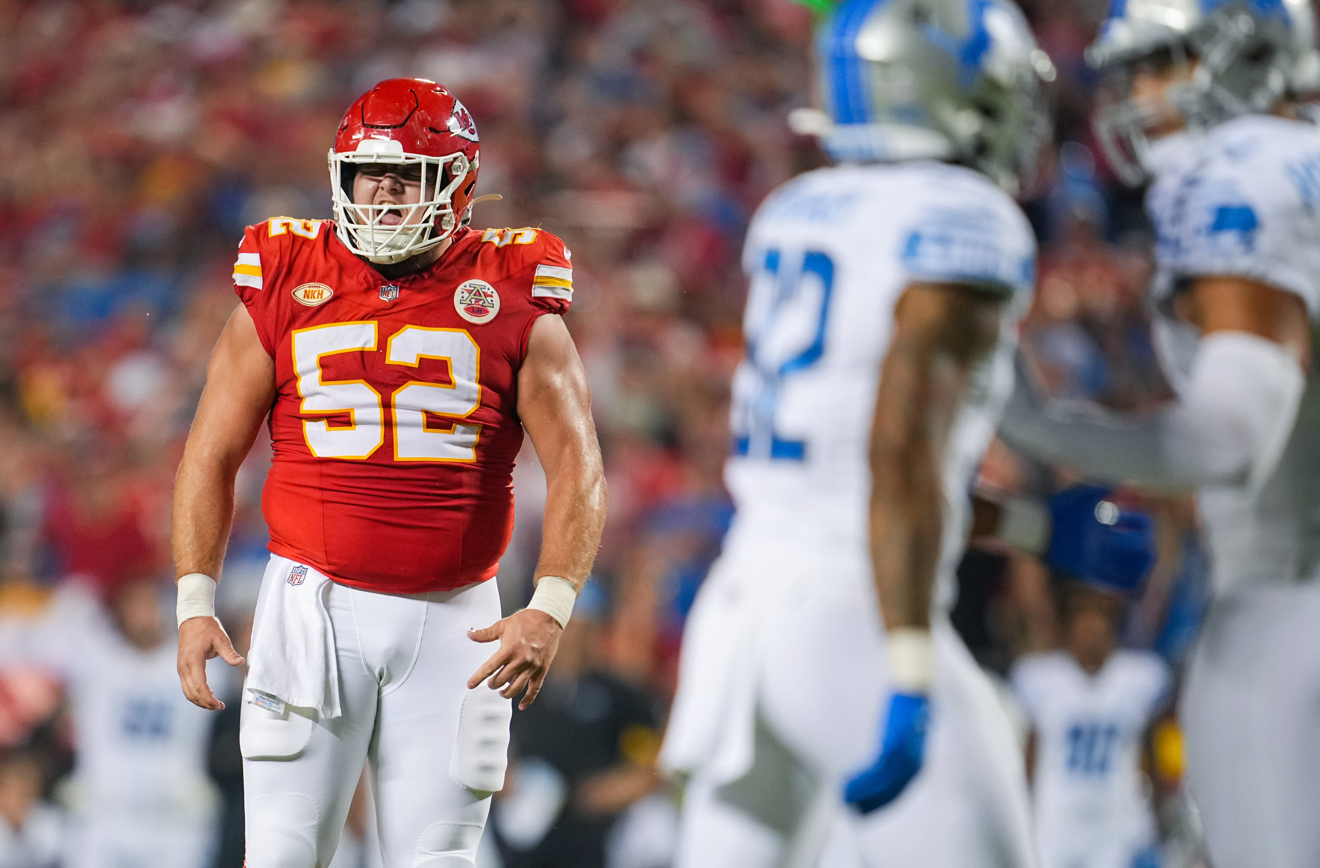 Sep 7, 2023; Kansas City, Missouri, USA; Kansas City Chiefs center Creed Humphrey (52) reacts during the second half against the Detroit Lions at GEHA Field at Arrowhead Stadium. Jay Biggerstaff-USA TODAY Sports