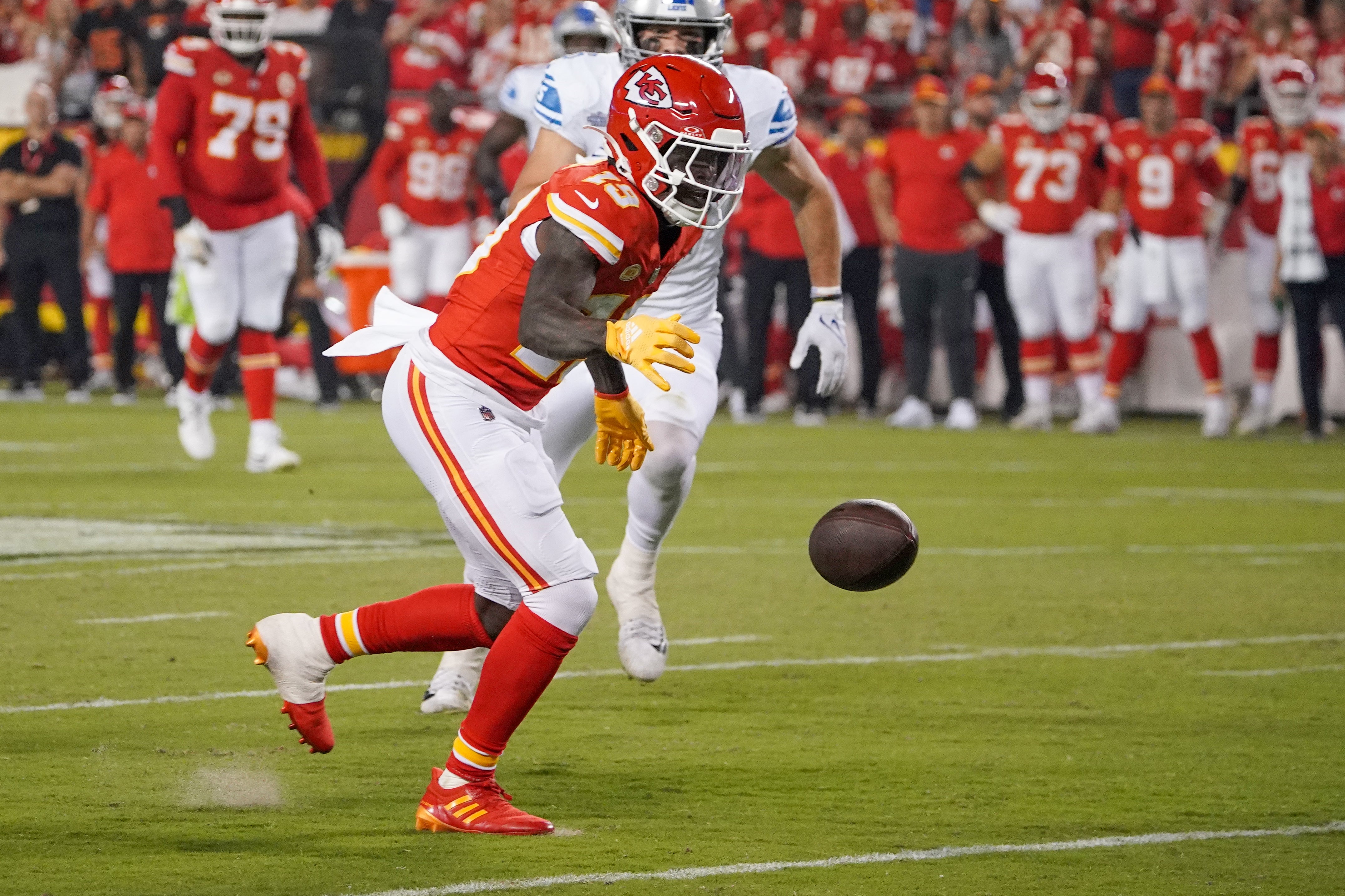 Sep 7, 2023; Kansas City, Missouri, USA; Kansas City Chiefs wide receiver Kadarius Toney (19) drops a pass against the Detroit Lions during the second half at GEHA Field at Arrowhead Stadium.