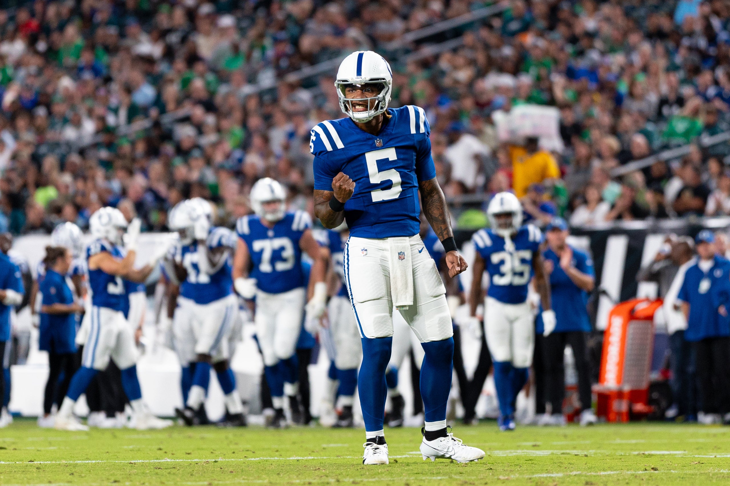Aug 24, 2023; Philadelphia, Pennsylvania, USA; Indianapolis Colts quarterback Anthony Richardson (5) reacts to a play against the Philadelphia Eagles during the second quarter at Lincoln Financial Field.