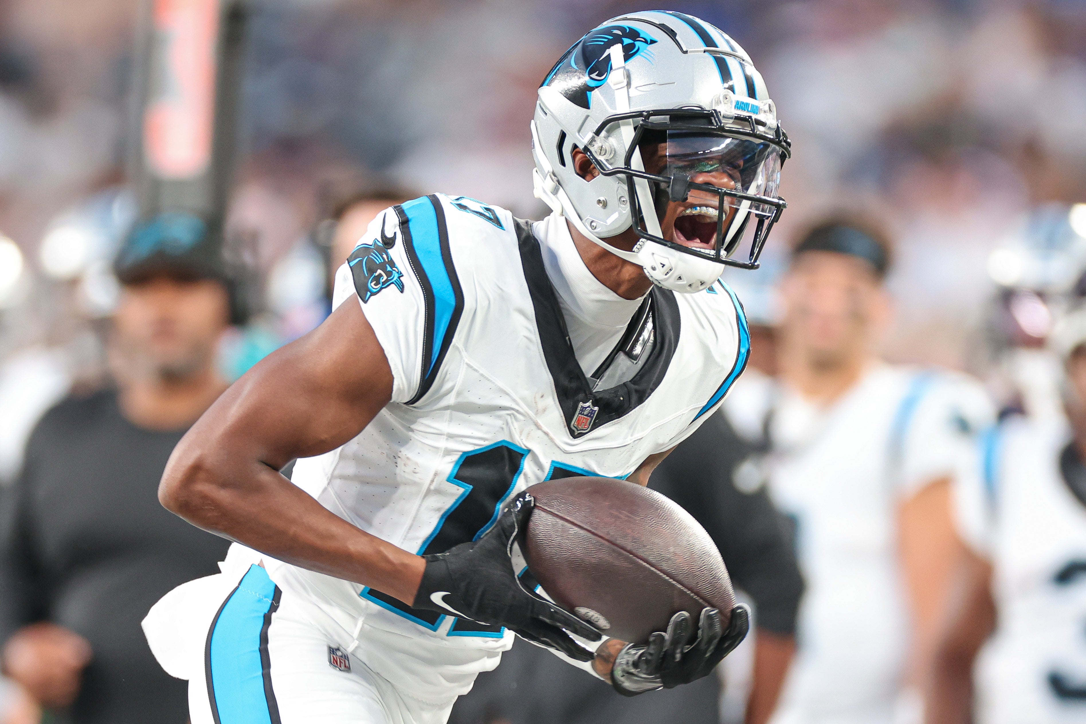 Aug 18, 2023; East Rutherford, New Jersey, USA; Carolina Panthers wide receiver DJ Chark Jr. (17) reacts after a catch during the first half against the New York Giants at MetLife Stadium. Mandatory Credit: Vincent Carchietta-USA TODAY Sports