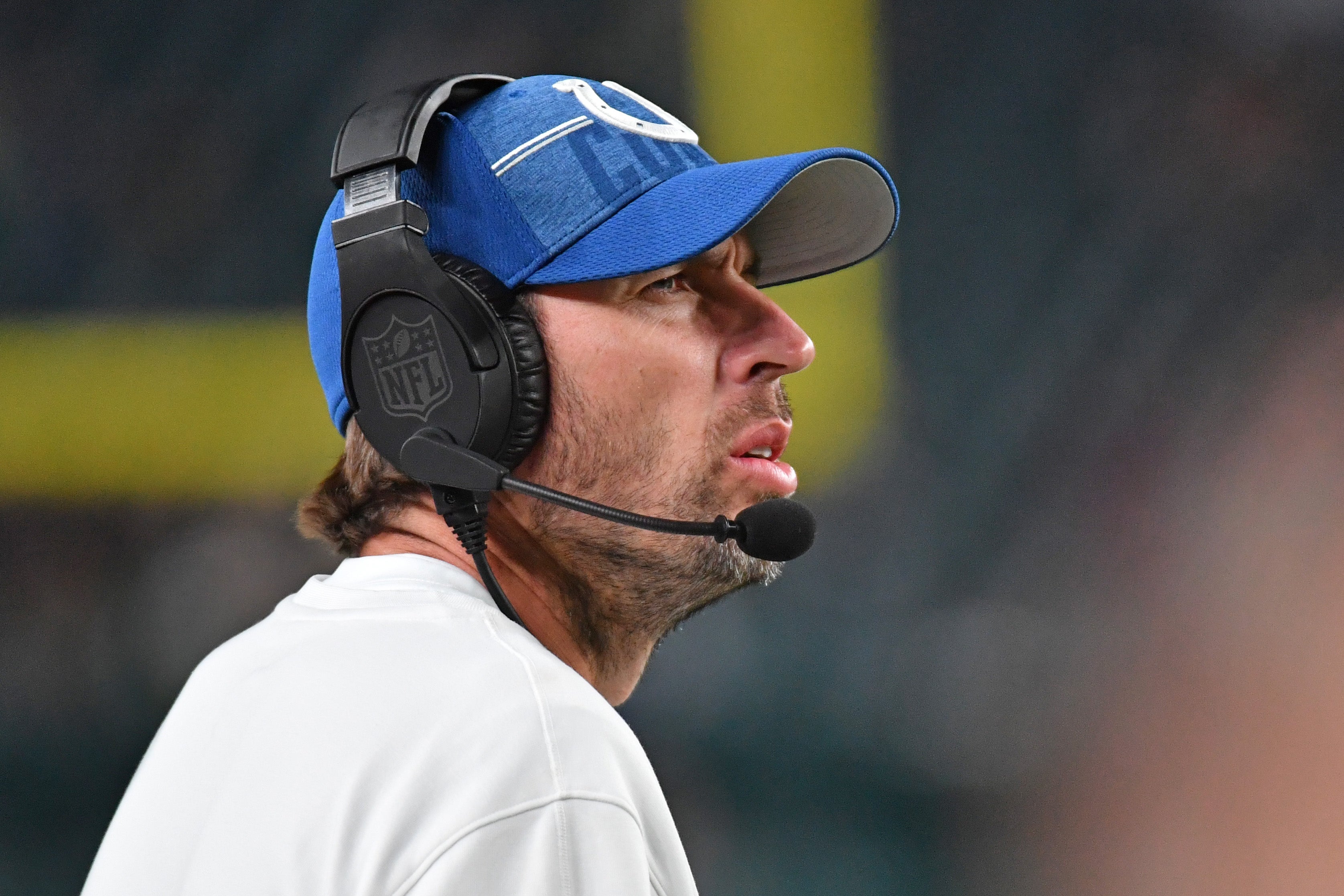 Aug 24, 2023; Philadelphia, Pennsylvania, USA; Indianapolis Colts head coach Shane Steichen against the Philadelphia Eagles at Lincoln Financial Field.