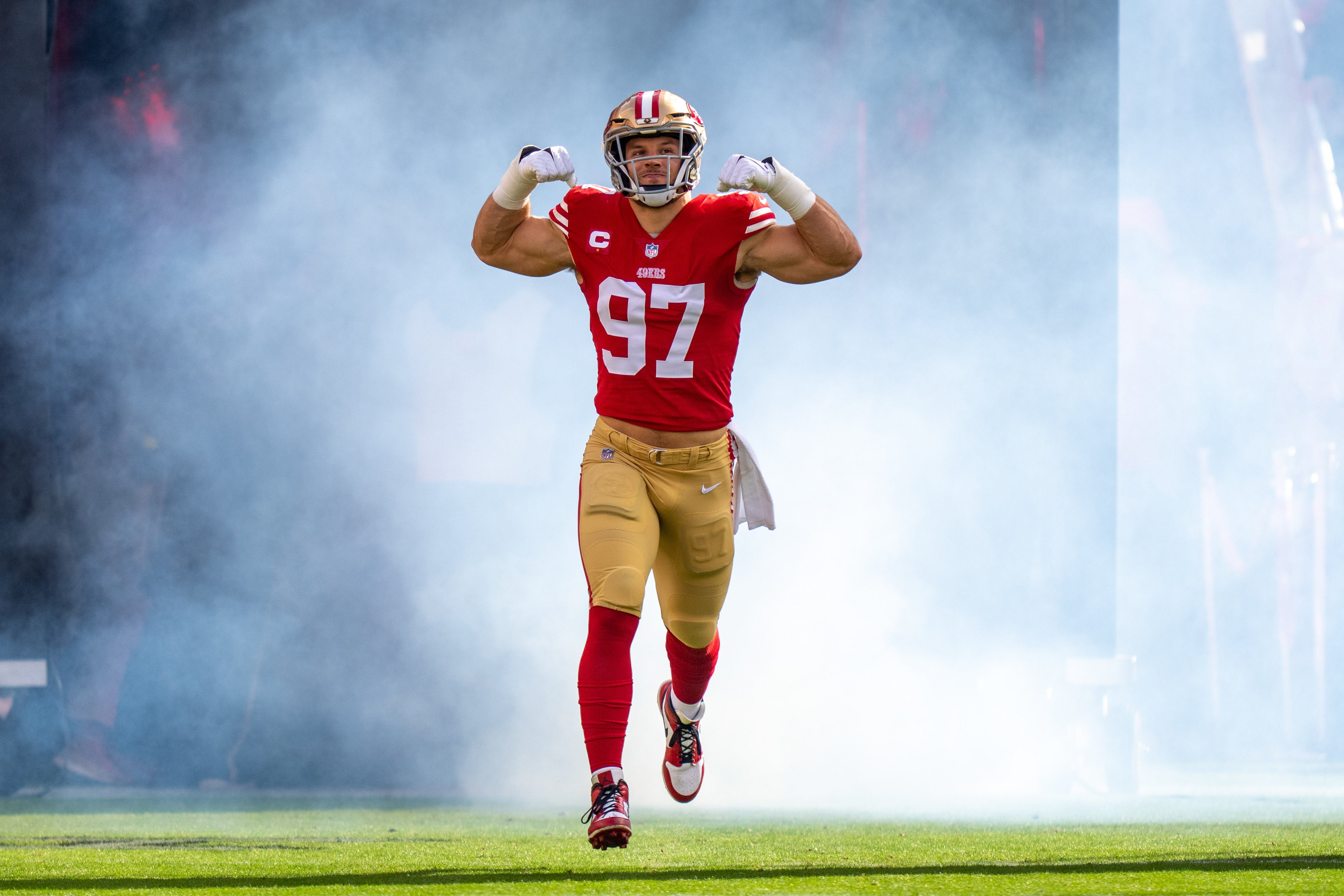 November 27, 2022; Santa Clara, California, USA; San Francisco 49ers defensive end Nick Bosa (97) before the game against the New Orleans Saints at Levi's Stadium. Mandatory Credit: Kyle Terada-USA TODAY Sports