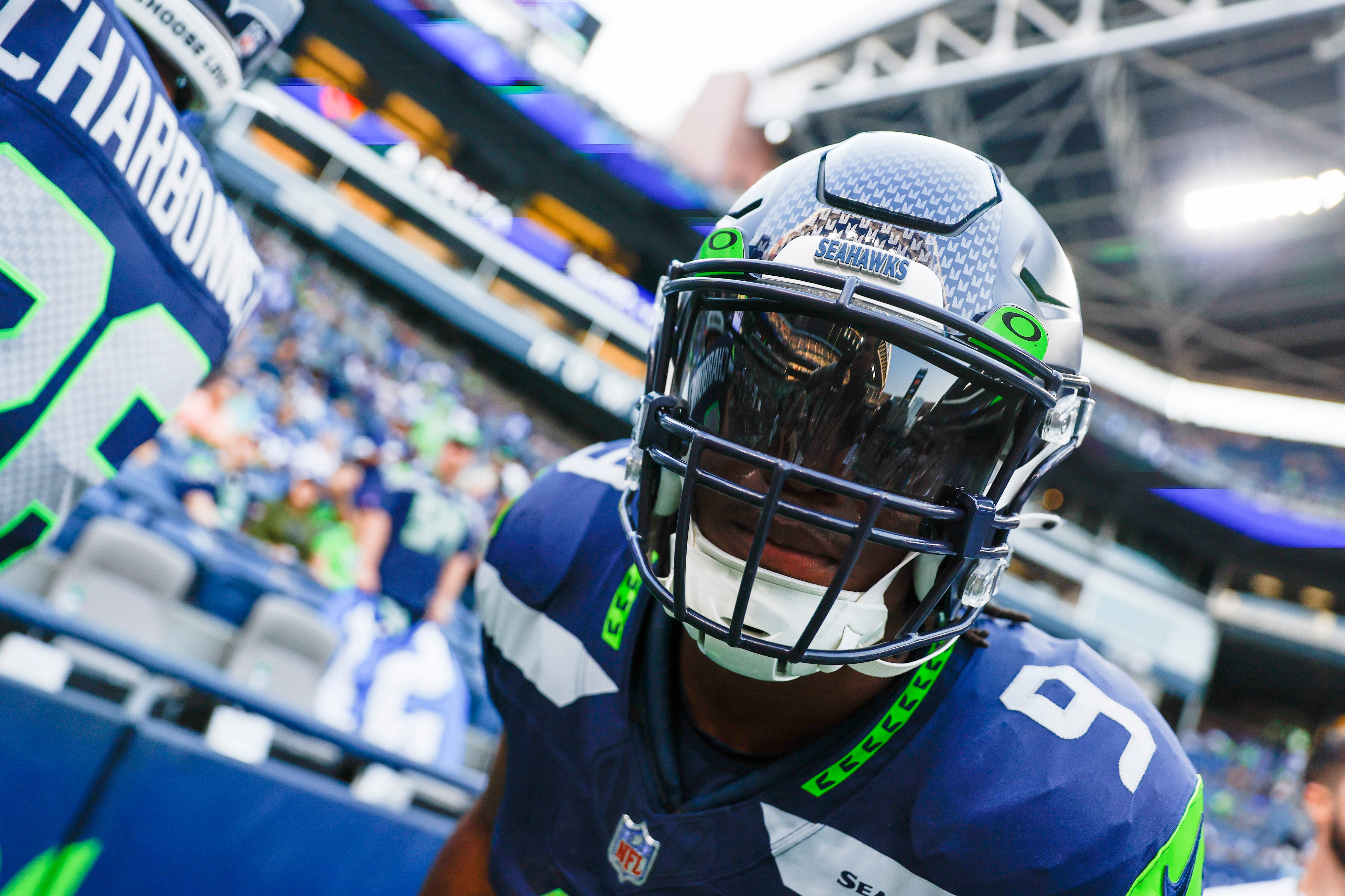 Aug 19, 2023; Seattle, Washington, USA; Seattle Seahawks running back Kenneth Walker III (9) poses for a photo during pregame warmups against the Dallas Cowboys at Lumen Field. Mandatory Credit: Joe Nicholson-USA TODAY Sports