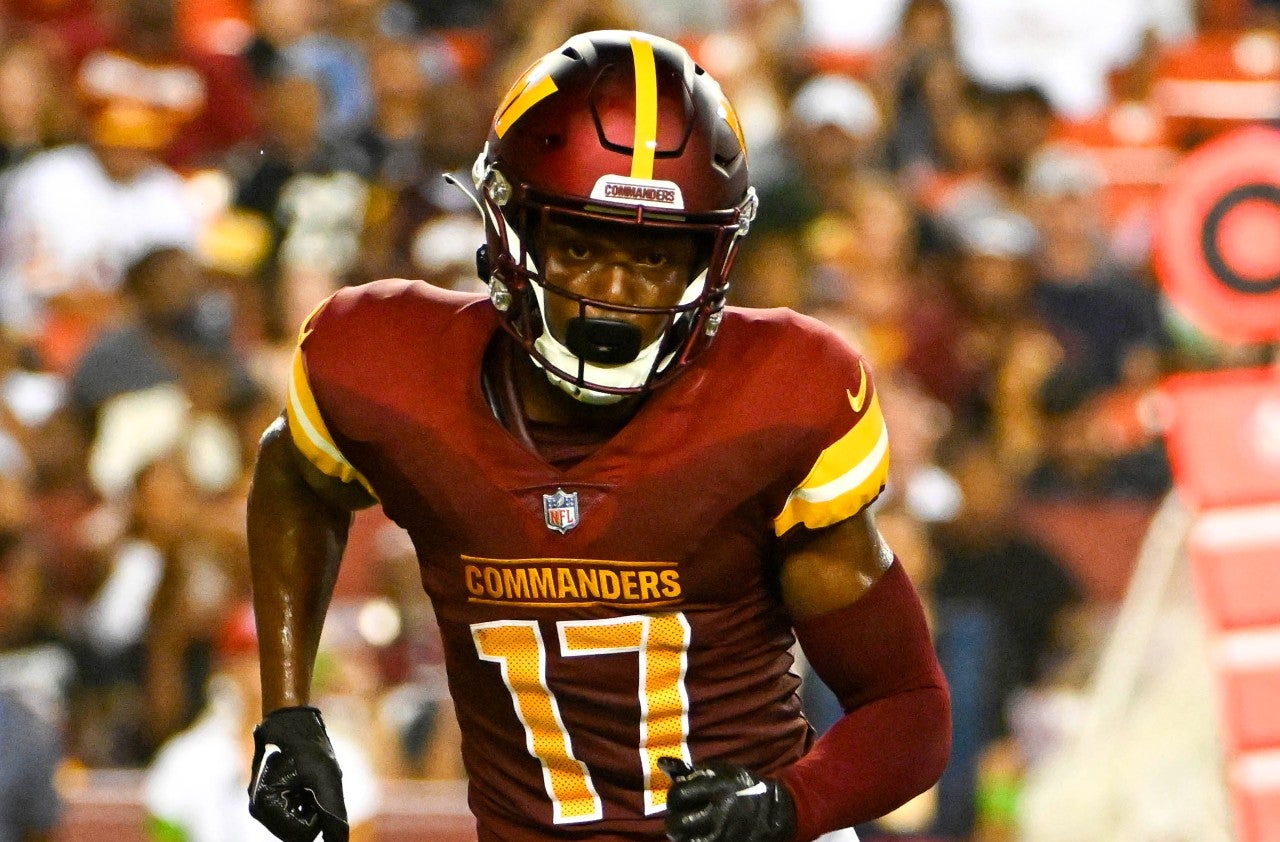Aug 21, 2023; Landover, Maryland, USA; Washington Commanders wide receiver Terry McLaurin (17) at the line of scrimmage against the Baltimore Ravens during the first half at FedExField. Brad Mills-USA TODAY Sports