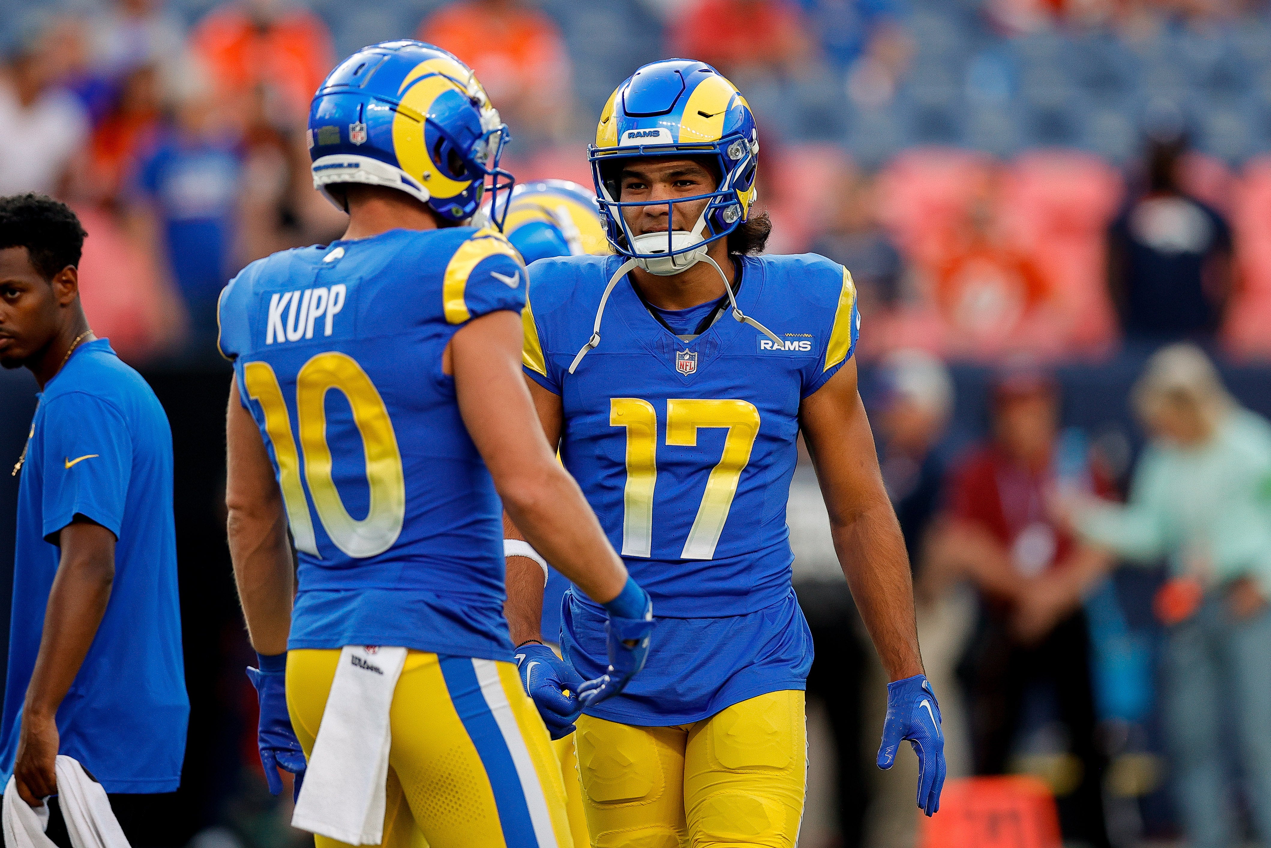 Los Angeles Rams wide receiver Puka Nacua (17) and wide receiver Cooper Kupp (10) before the game against the Denver Broncos at Empower Field at Mile High. Mandatory Credit: Isaiah J. Downing-USA TODAY Sports