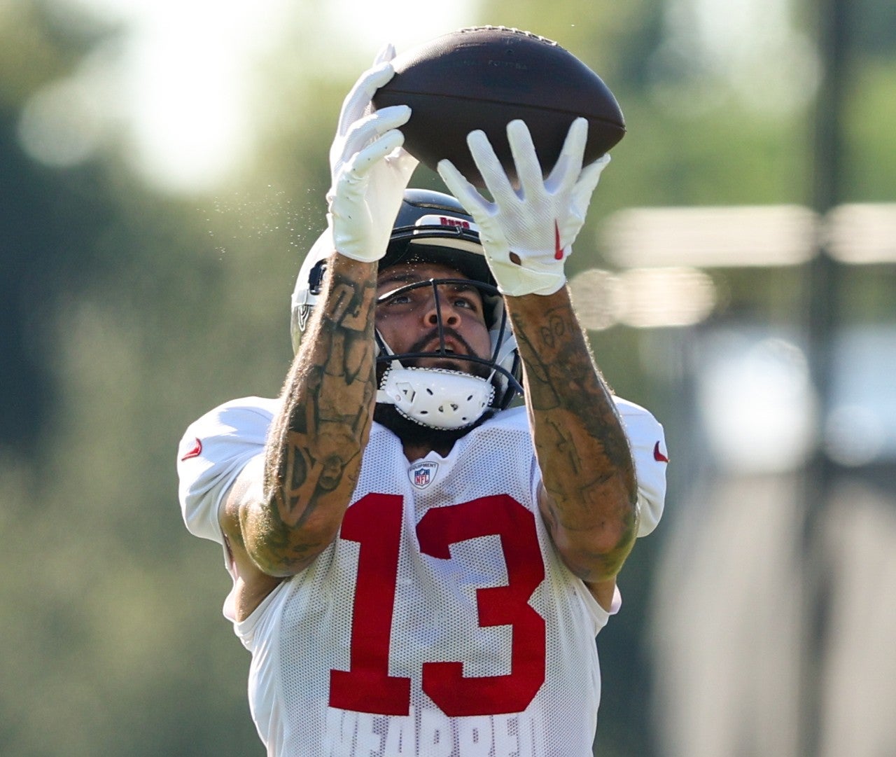 Aug 8, 2023; Tampa, FL, USA; Tampa Bay Buccaneers wide receiver Mike Evans (13) participates in training camp at AdventHealth Training Center. Nathan Ray Seebeck-USA TODAY Sports