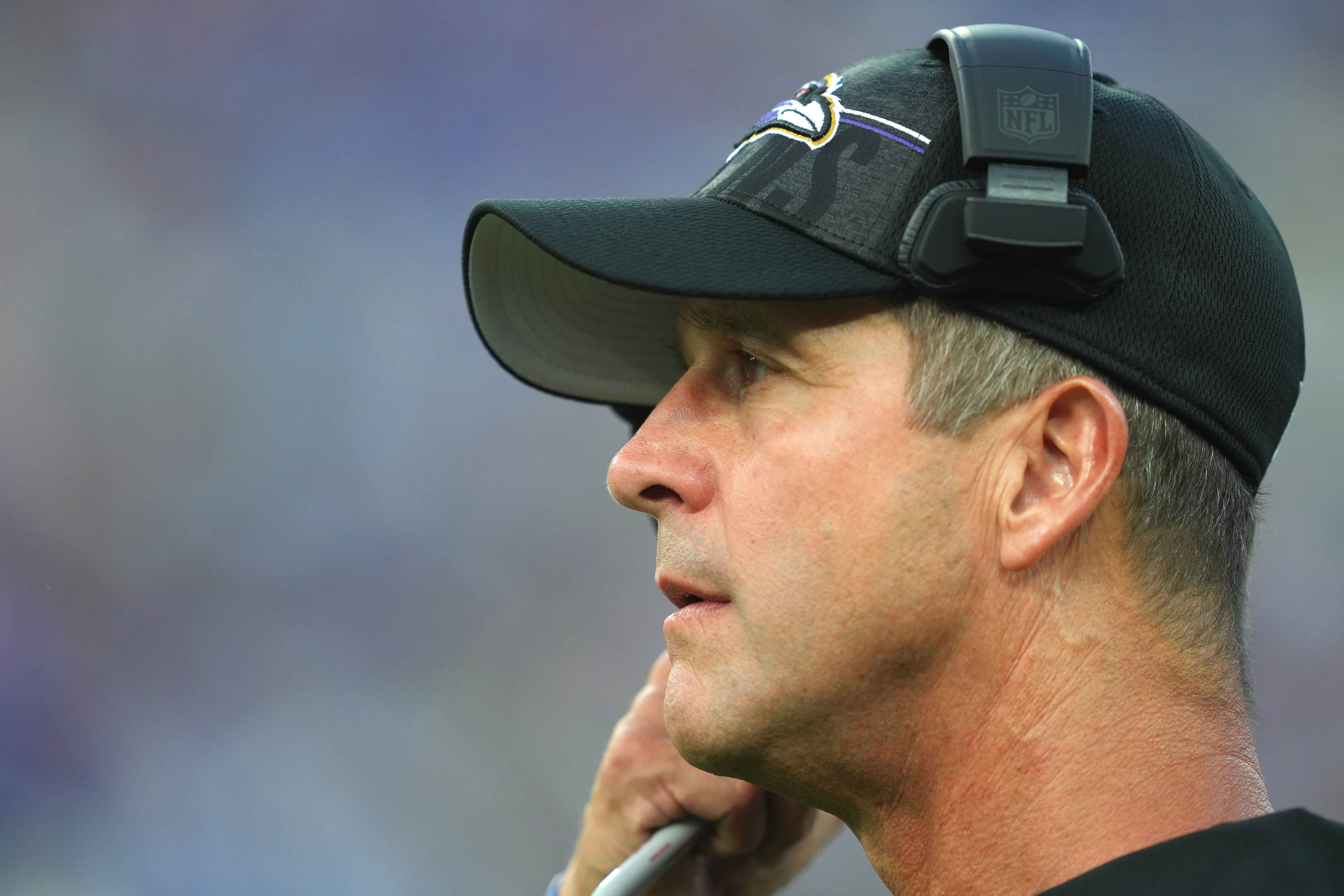 Aug 12, 2023; Baltimore, Maryland, USA; Baltimore Ravens head coach John Harbaugh watches first quarter action from the sideline against the Philadelphia Eagles at M&T Bank Stadium. Mandatory Credit: Mitch Stringer-USA TODAY Sports
