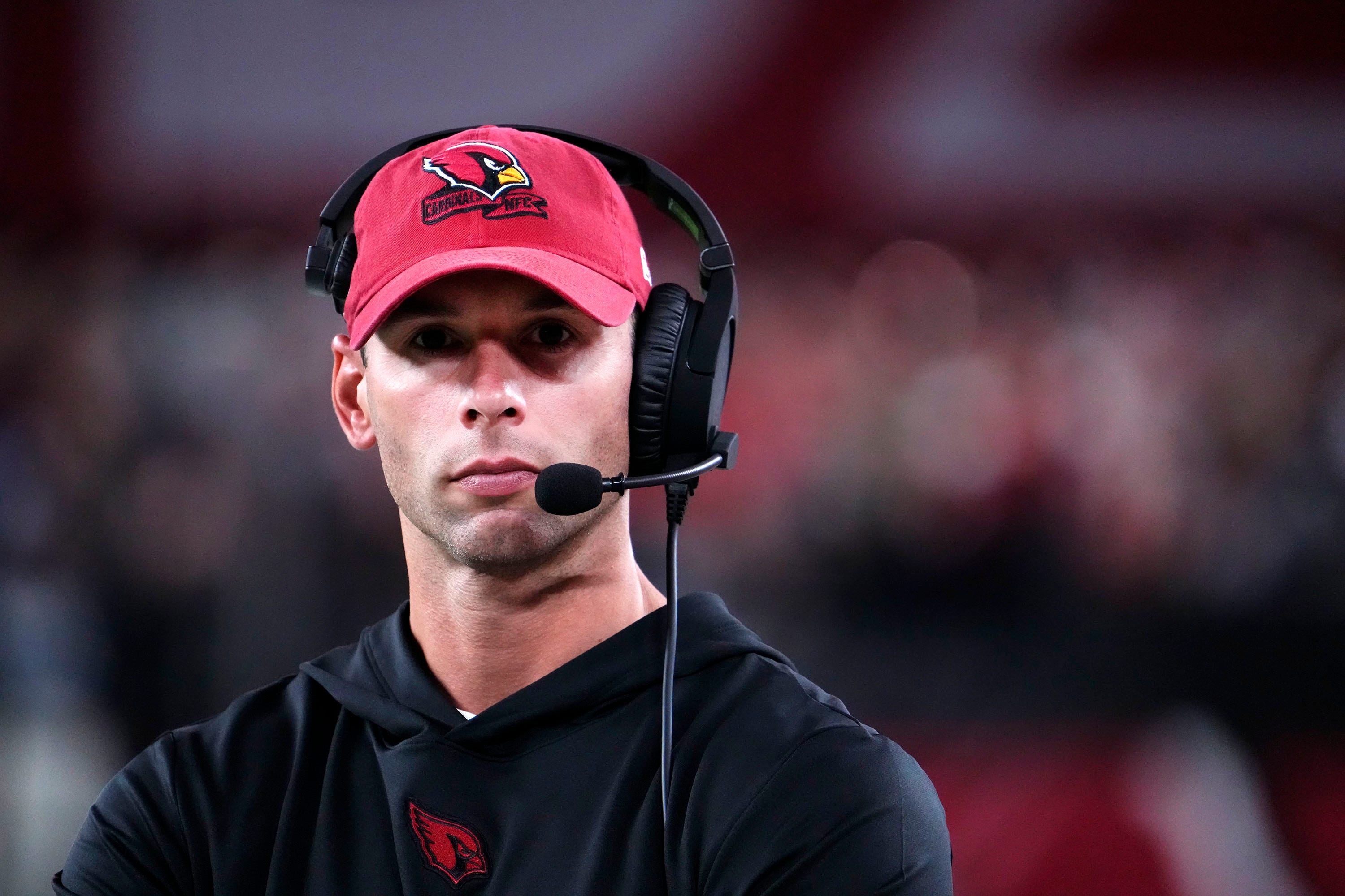 Arizona Cardinals head coach Jonathan Gannon against the Kansas City Chiefs in the first half during a preseason game at  State Farm Stadium in Glendale on Aug. 19, 2023. Image credit: Rob Schumacher/The Republic / USA TODAY NETWORK