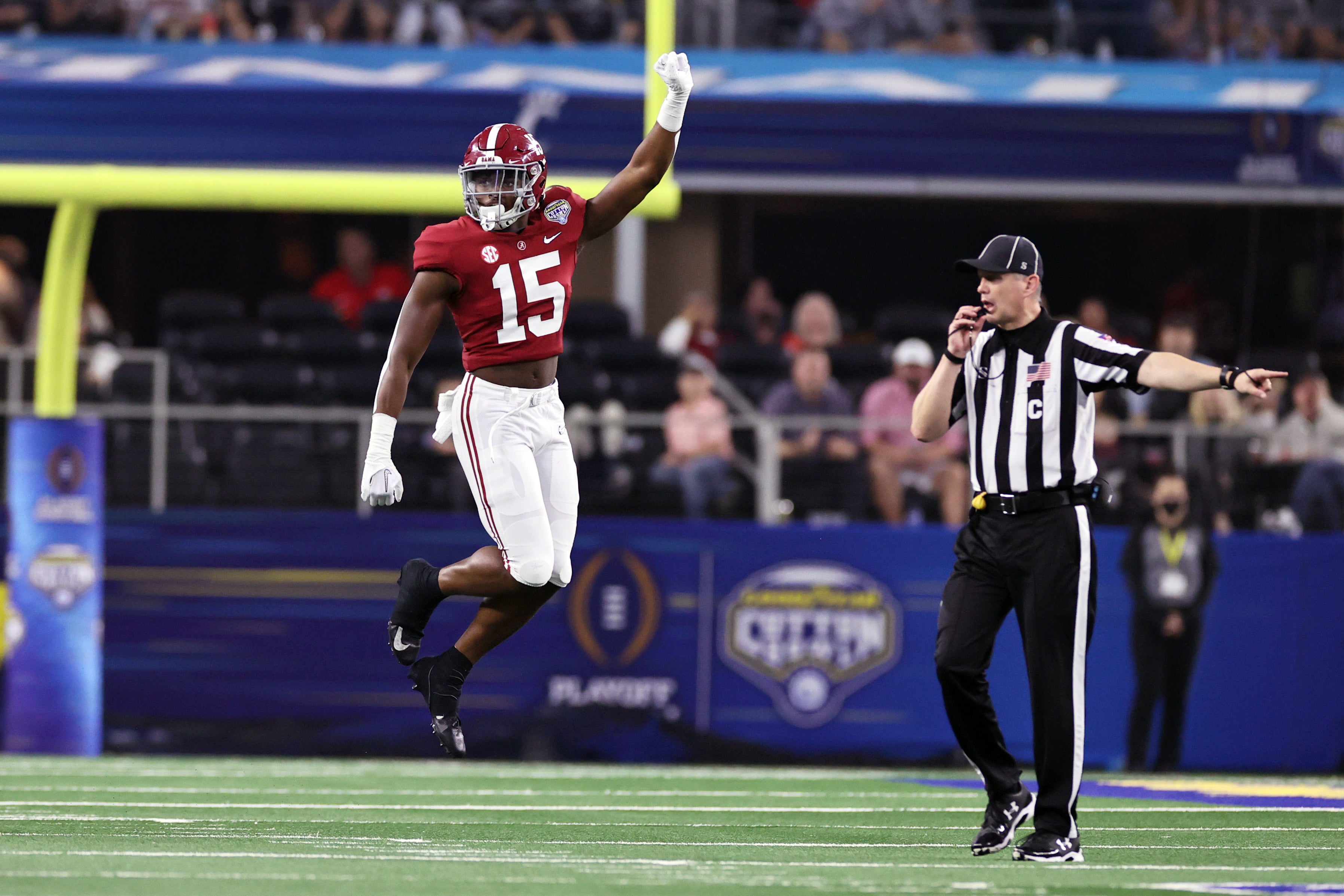 Dec 31, 2021; Arlington, Texas, USA; Alabama Crimson Tide linebacker Dallas Turner (15) celebrates a sack in the second quarter against the Cincinnati Bearcats during the 2021 Cotton Bowl college football CFP national semifinal game at AT&T Stadium. Mandatory Credit: Tim Heitman-USA TODAY Sports