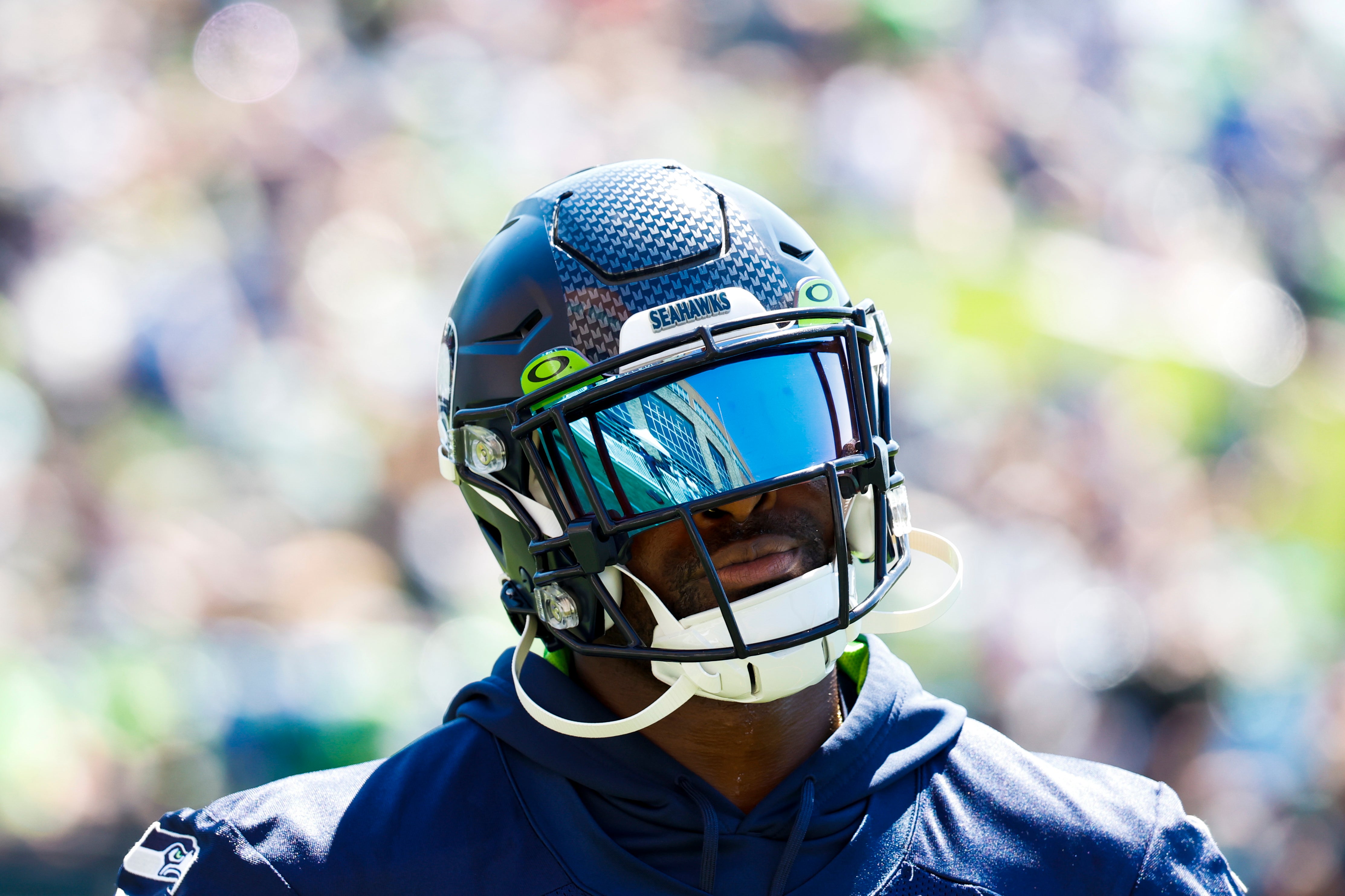 Jul 28, 2023; Renton, WA, USA; Seattle Seahawks wide receiver DK Metcalf (14) stands on the sideline during a break in training camp practice at the Virginia Mason Athletic Center. Mandatory Credit: Joe Nicholson-USA TODAY Sports