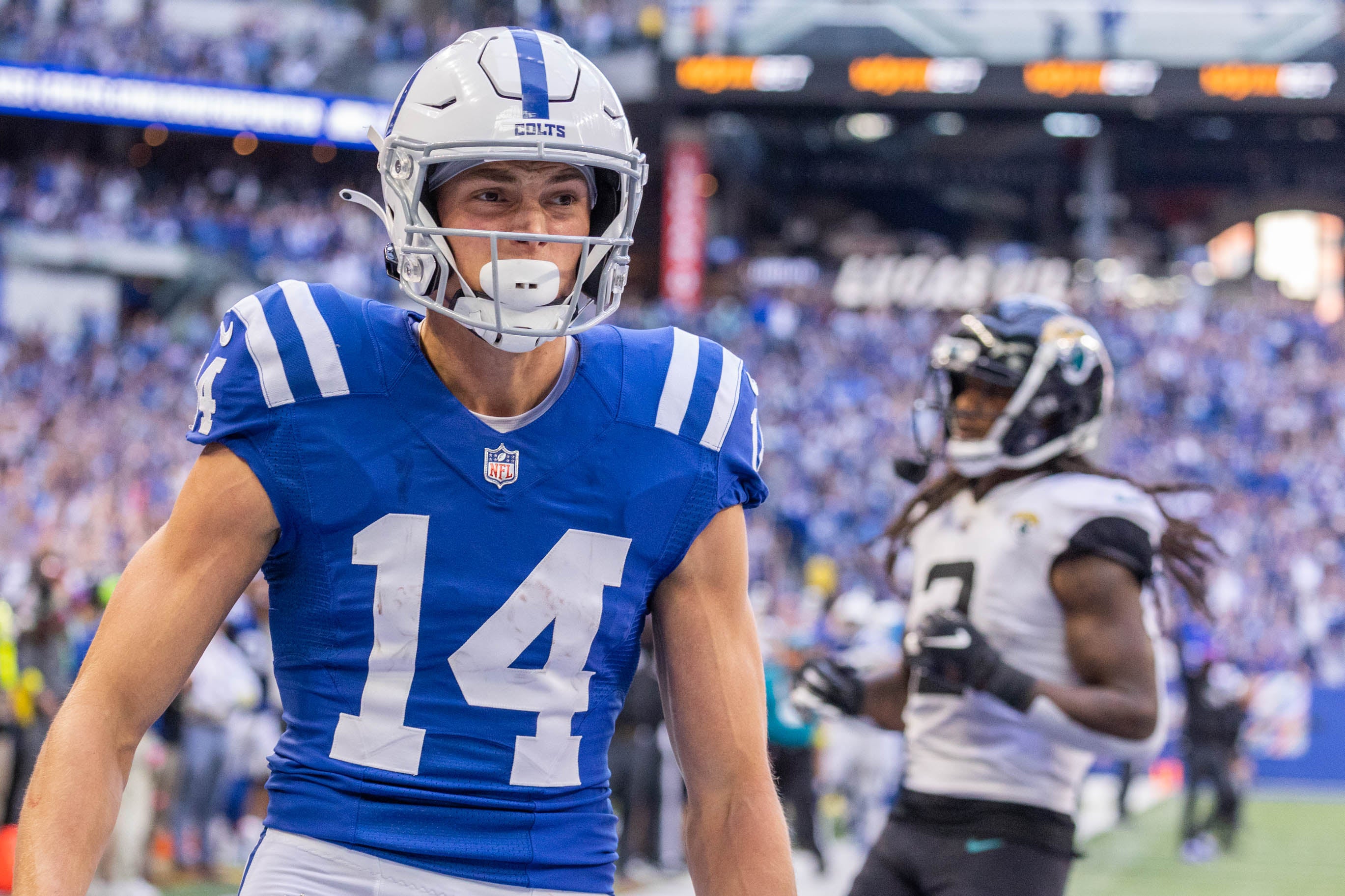 Oct 16, 2022; Indianapolis, Indiana, USA; Indianapolis Colts wide receiver Alec Pierce (14) celebrates his winning touchdown in the second half against the Jacksonville Jaguars at Lucas Oil Stadium.