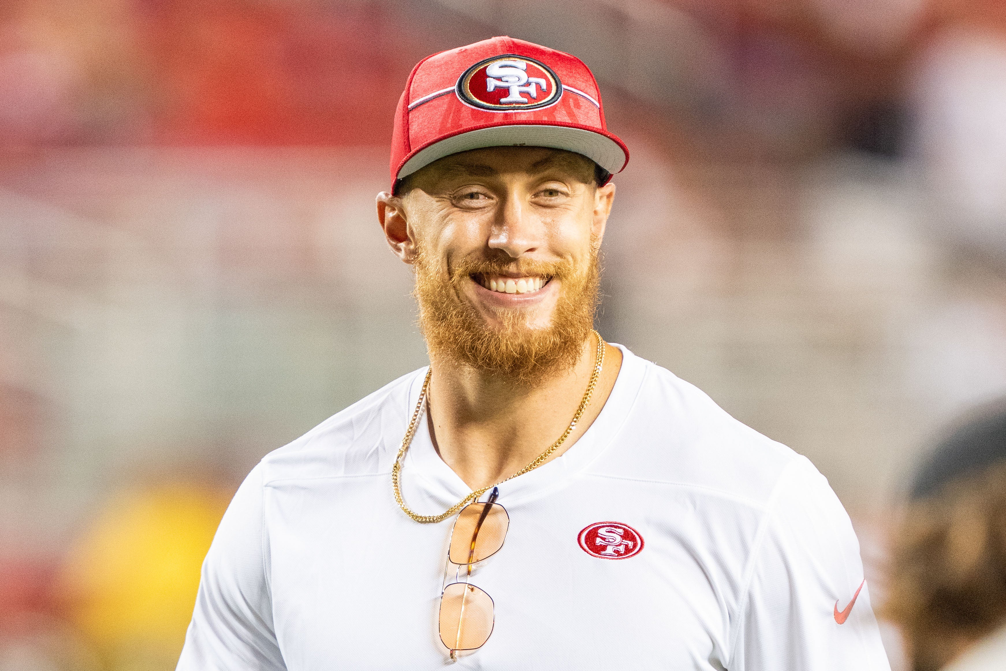 August 19, 2023; Santa Clara, California, USA; San Francisco 49ers tight end George Kittle (85) after the game against the Denver Broncos at Levi's Stadium. Mandatory Credit: Kyle Terada-USA TODAY Sports