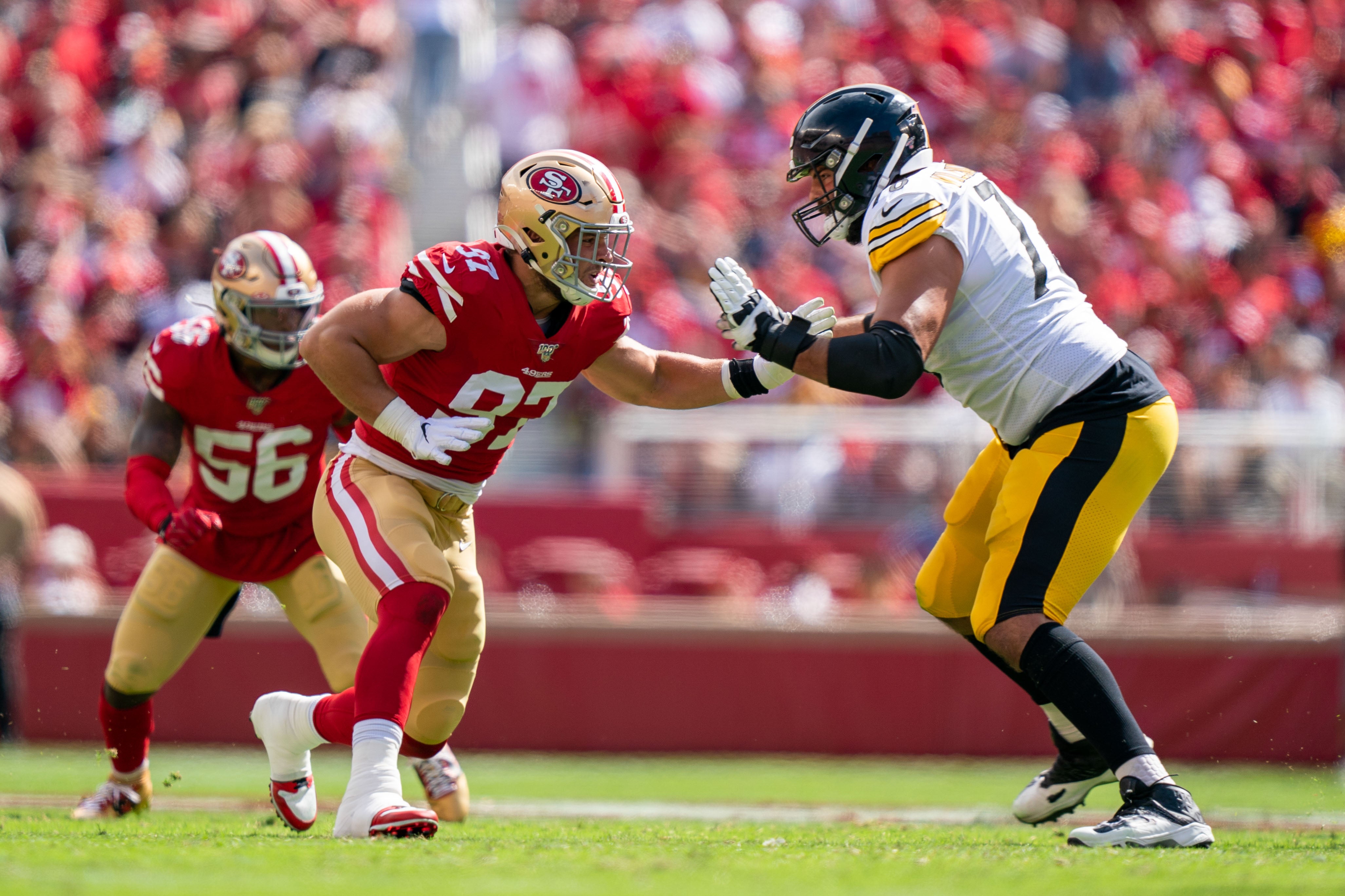 September 22, 2019; Santa Clara, CA, USA; San Francisco 49ers defensive end Nick Bosa (97) rushes against Pittsburgh Steelers offensive tackle Alejandro Villanueva (78) during the second quarter at Levi's Stadium. Mandatory Credit: Kyle Terada-USA TODAY Sports
