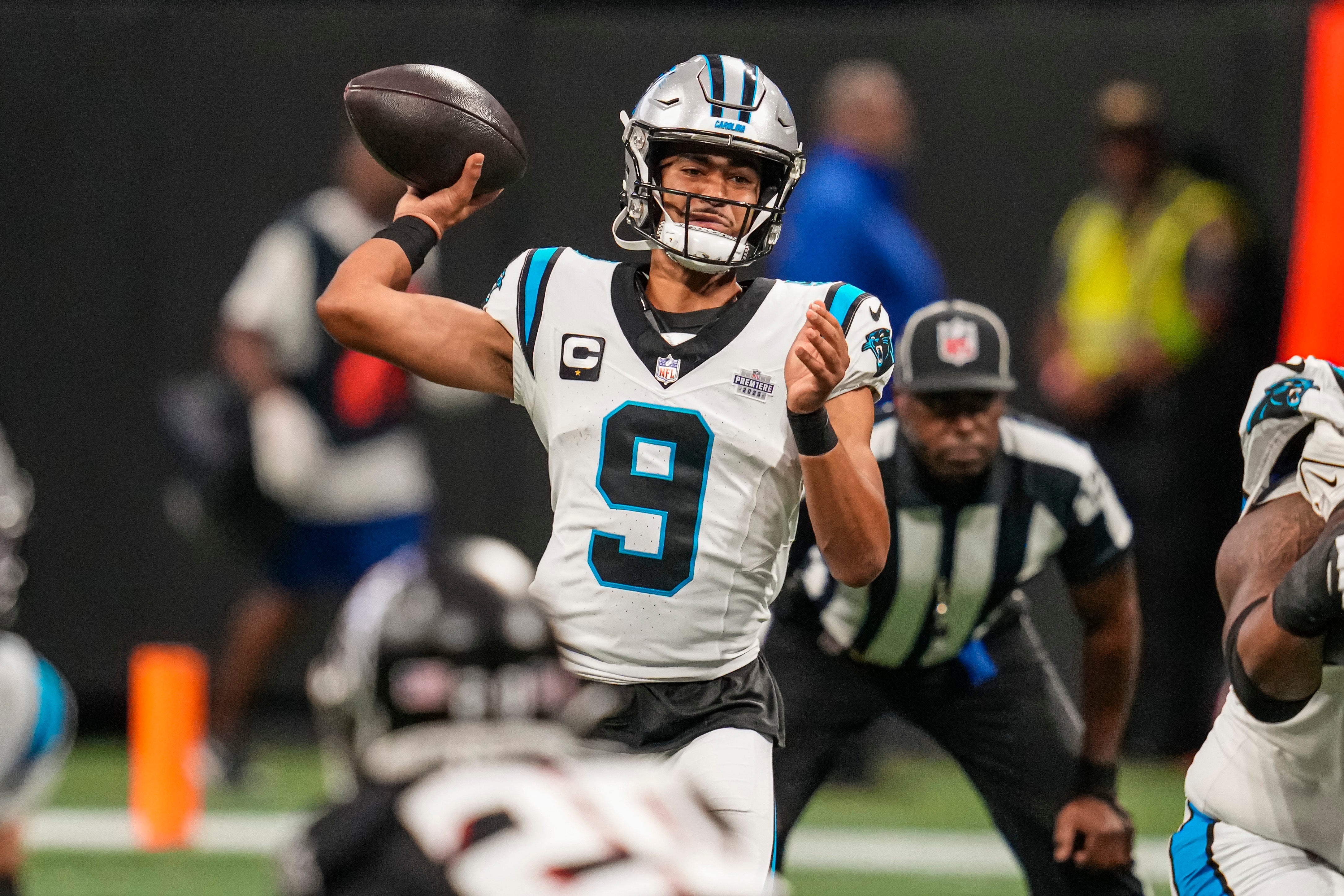 Sep 10, 2023; Atlanta, Georgia, USA; Carolina Panthers quarterback Bryce Young (9) passes against the Atlanta Falcons during the first quarter at Mercedes-Benz Stadium. Mandatory Credit: Dale Zanine-USA TODAY Sports