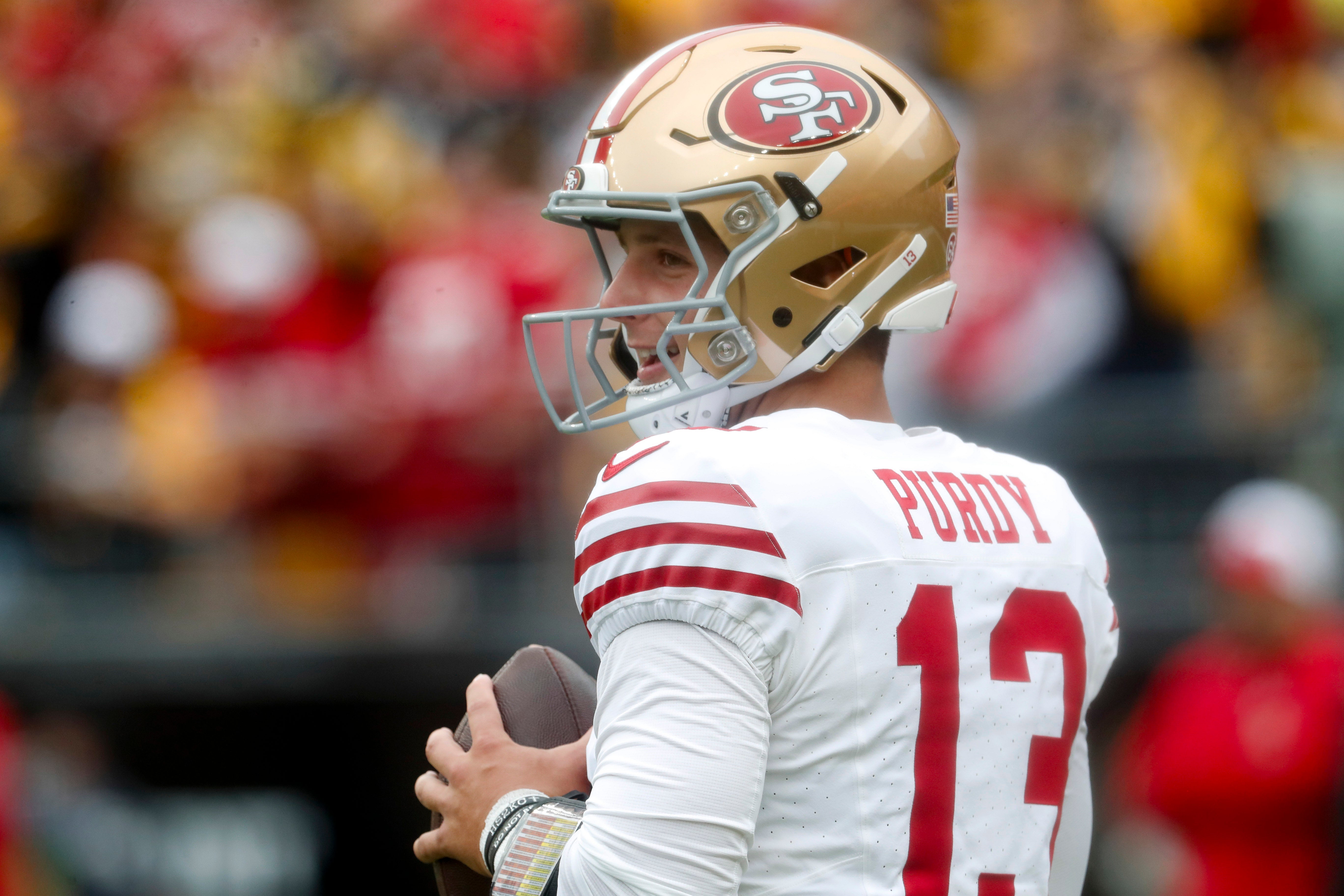 Sep 10, 2023; Pittsburgh, Pennsylvania, USA; San Francisco 49ers quarterback Brock Purdy (13) warms up before the game against the Pittsburgh Steelers at Acrisure Stadium. Mandatory Credit: Charles LeClaire-USA TODAY Sports