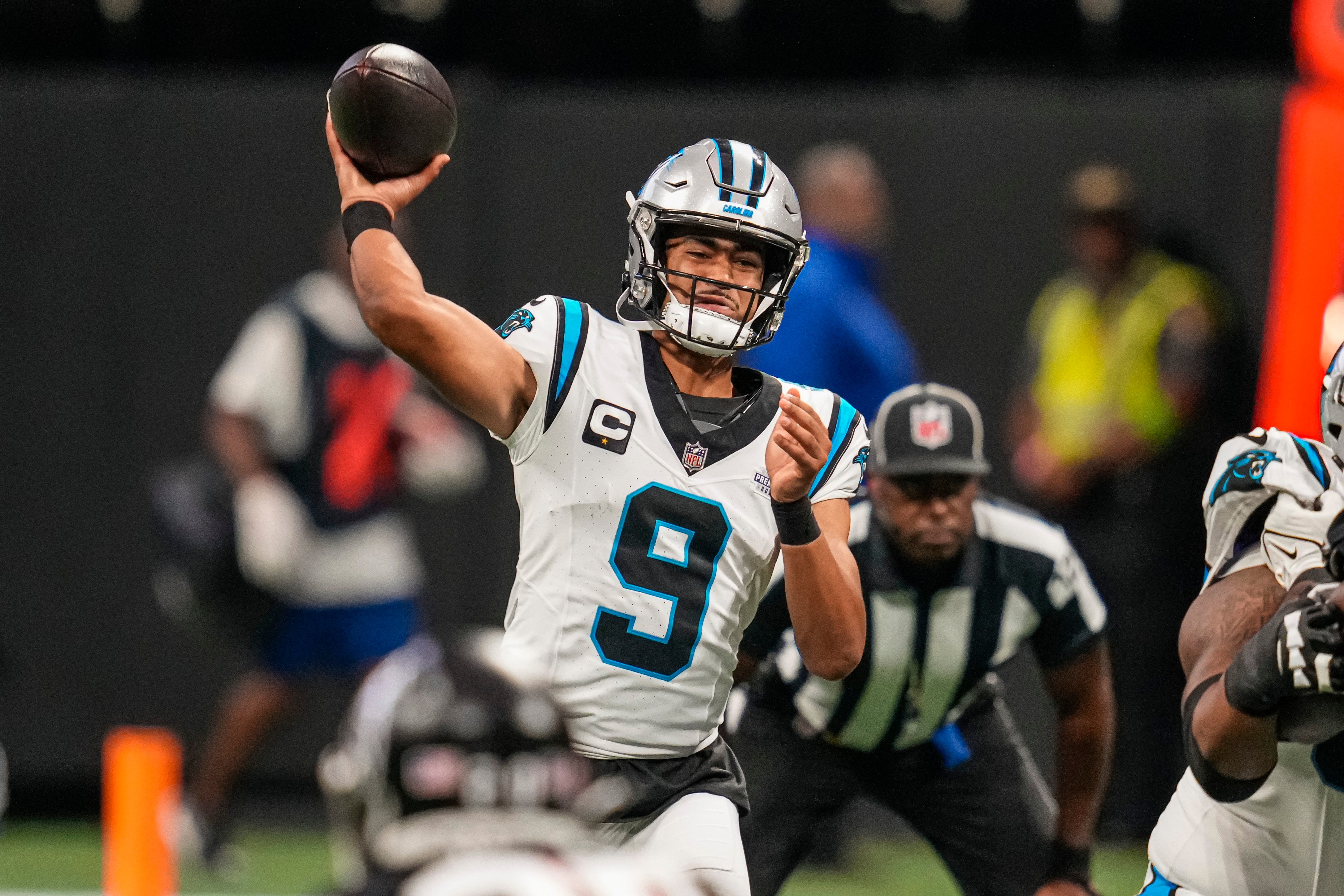 Sep 10, 2023; Atlanta, Georgia, USA; Carolina Panthers quarterback Bryce Young (9) passes against the Atlanta Falcons during the first quarter at Mercedes-Benz Stadium. Mandatory Credit: Dale Zanine-USA TODAY Sports