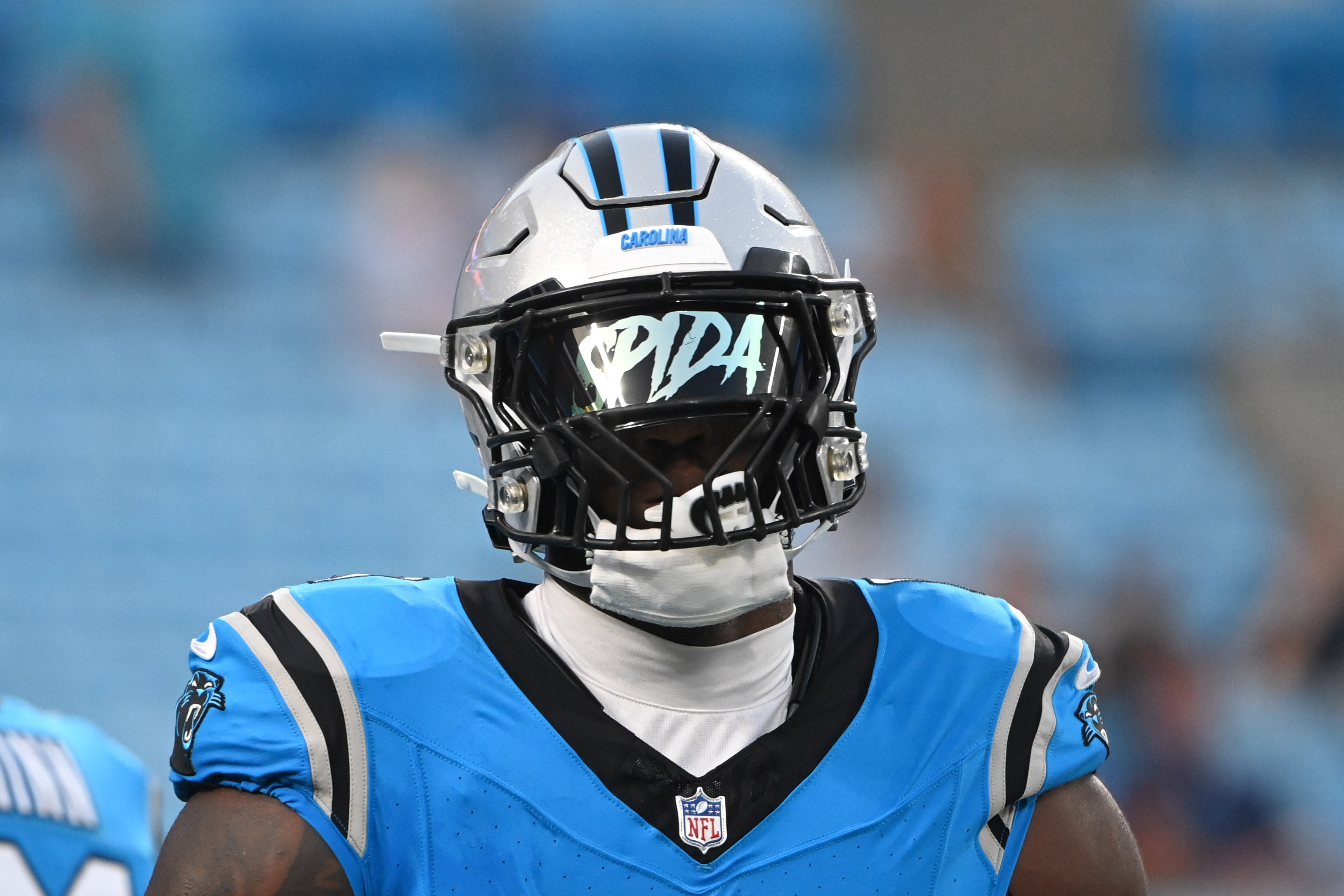 Aug 25, 2023; Charlotte, North Carolina, USA; Carolina Panthers linebacker Brian Burns (0) warms up before the game at Bank of America Stadium. Mandatory Credit: Bob Donnan-USA TODAY Sports