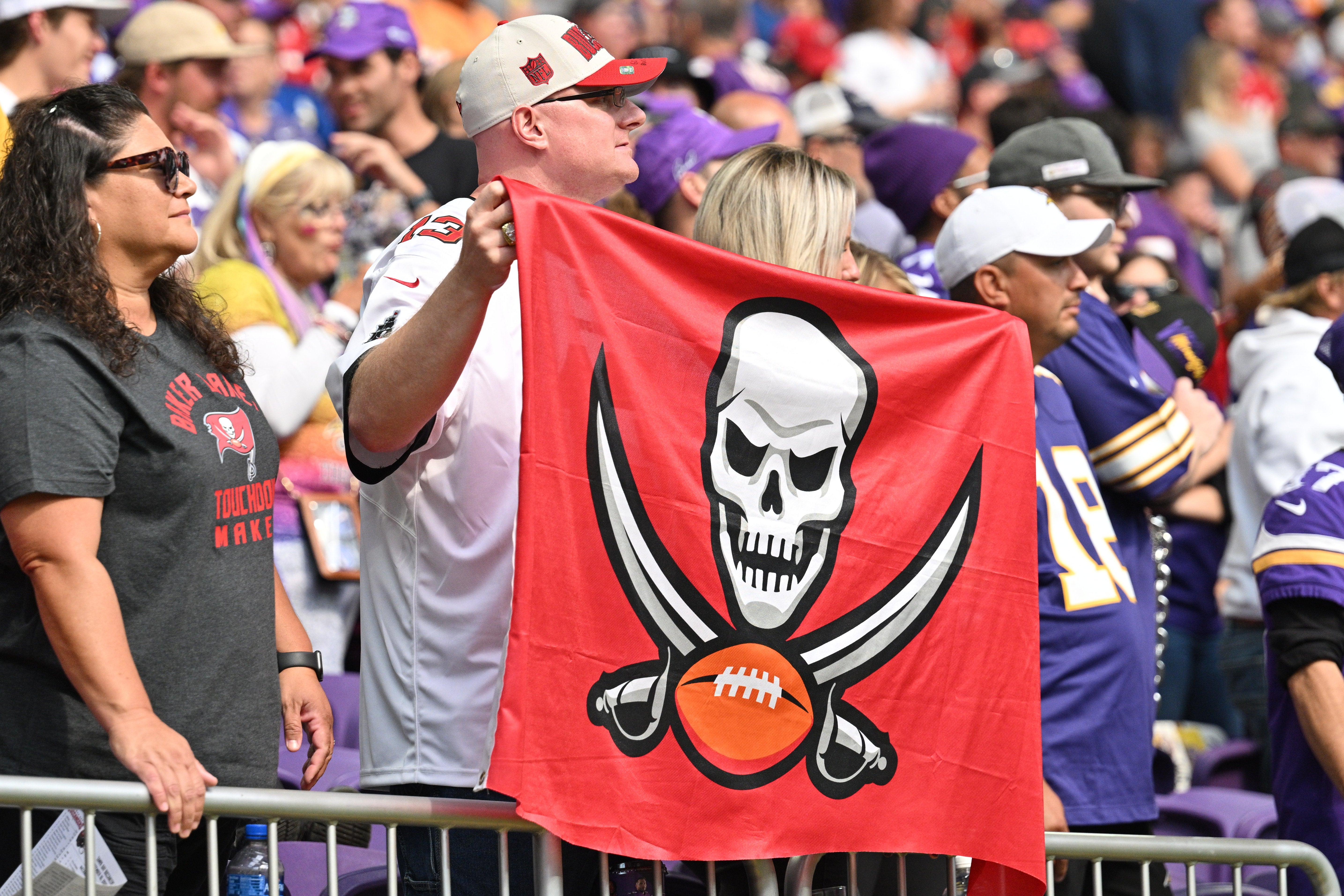Sep 10, 2023; Minneapolis, Minnesota, USA; Tampa Bay Buccaneers fans react during the fourth quarter against the Minnesota Vikings at U.S. Bank Stadium. Mandatory Credit: Jeffrey Becker-USA TODAY Sports