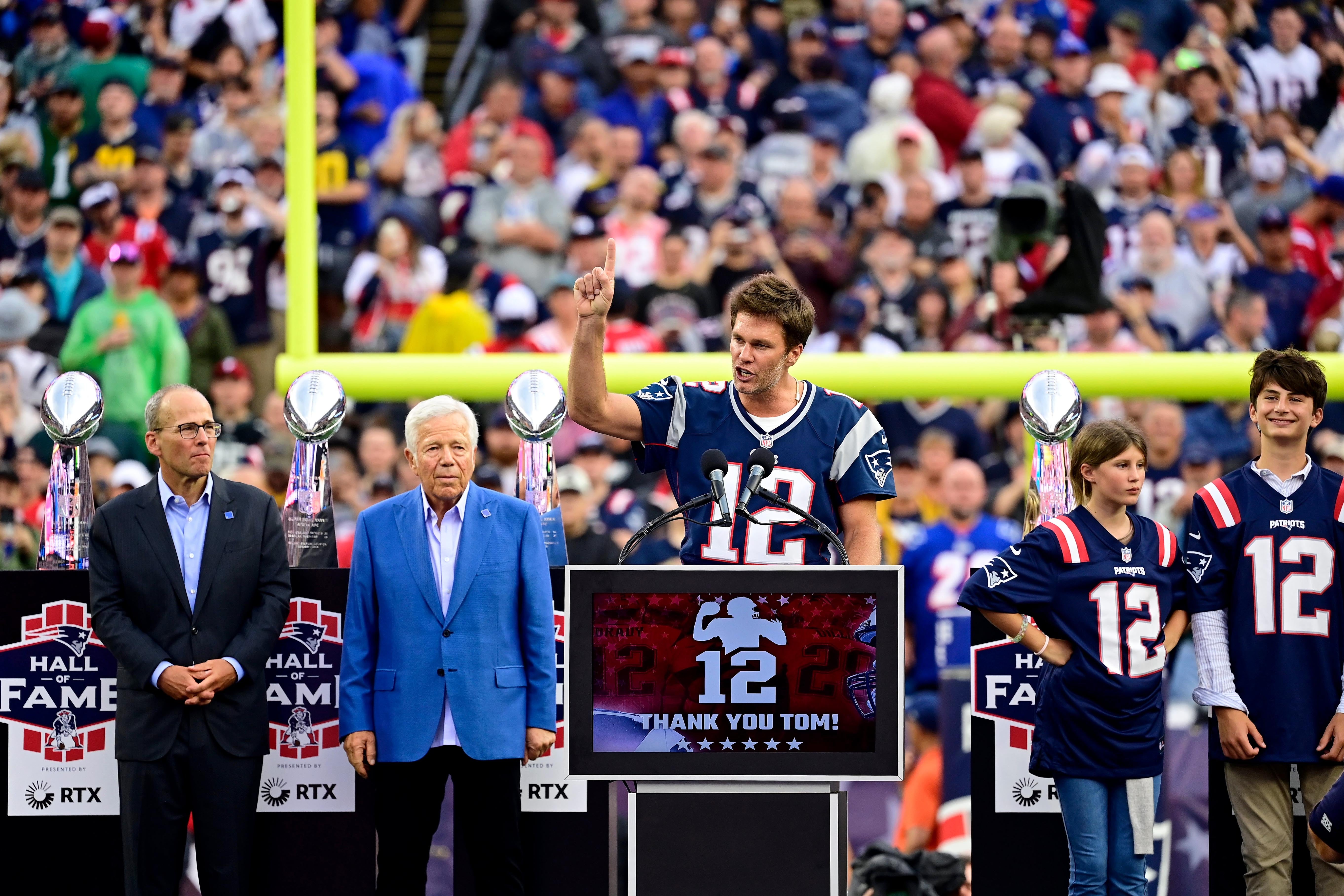 Sep 10, 2023; Foxborough, Massachusetts, USA; New England Patriots former quarterback Tom Brady speaks during a halftime ceremony in his honor during the game between the Philadelphia Eagles and New England Patriots at Gillette Stadium.
