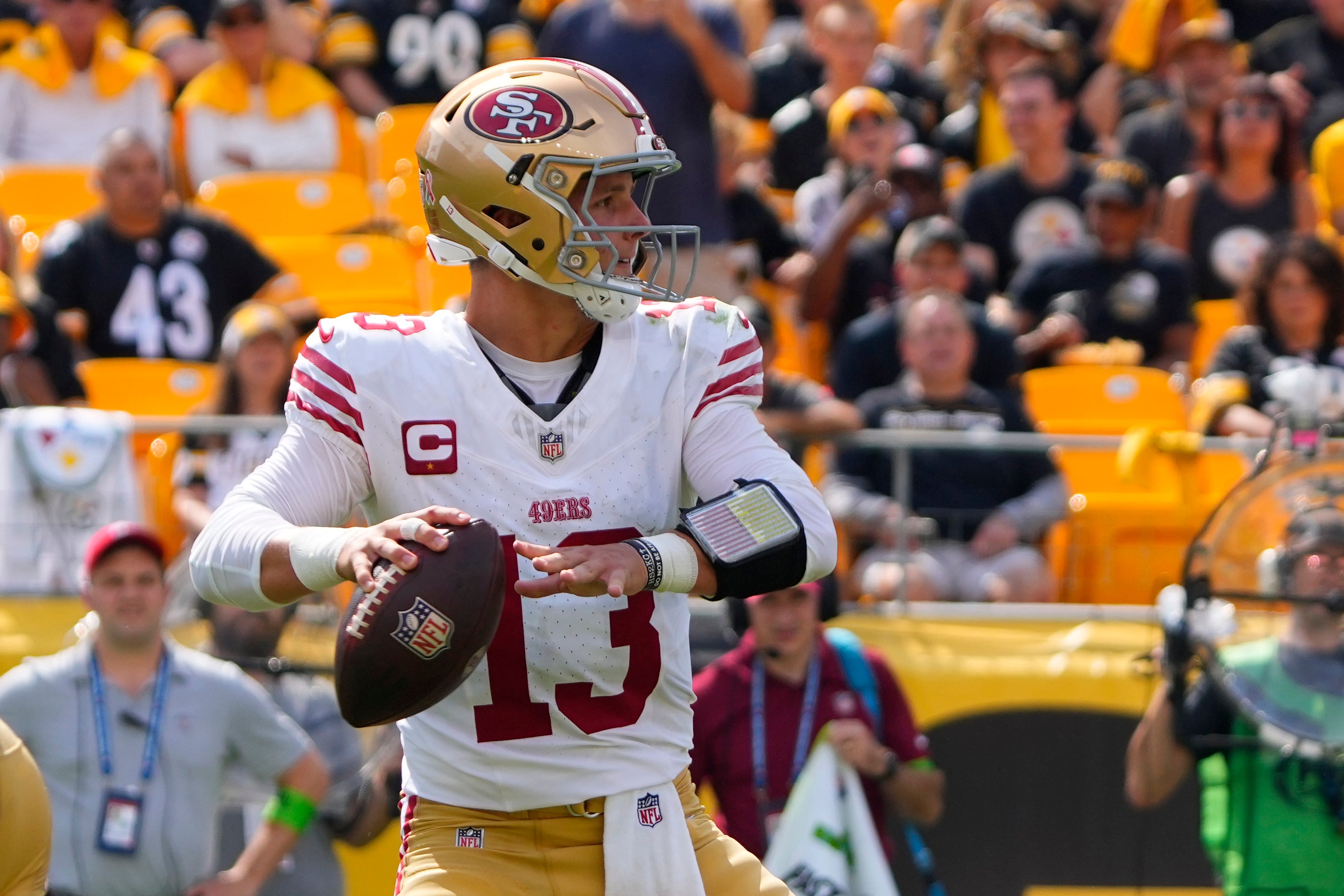 Sep 10, 2023; Pittsburgh, Pennsylvania, USA; San Francisco 49ers quarterback Brock Purdy (13) looks to throw the ball against the Pittsburgh Steelers during the second half at Acrisure Stadium. Mandatory Credit: Gregory Fisher-USA TODAY Sports