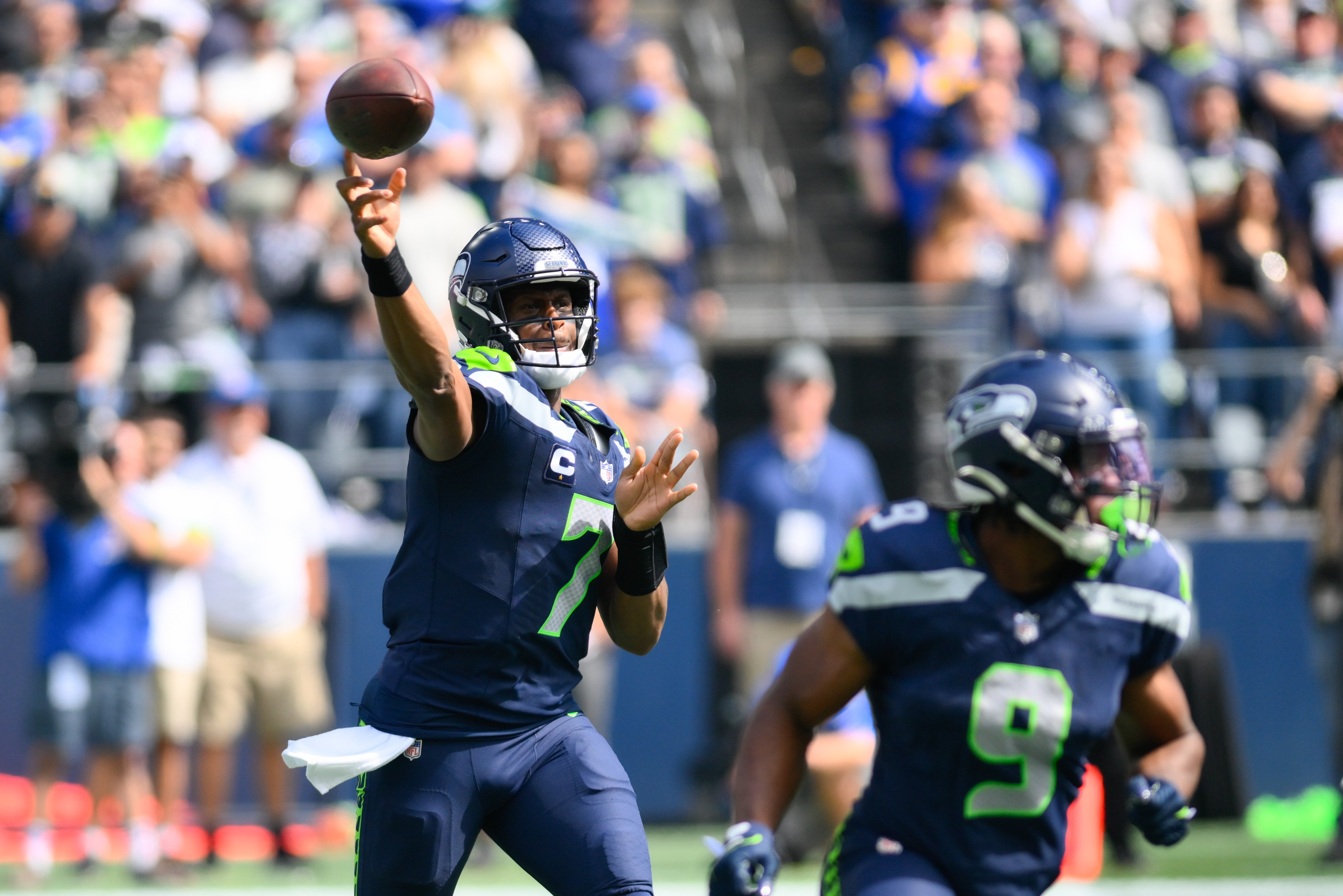 Sep 10, 2023; Seattle, Washington, USA; Seattle Seahawks quarterback Geno Smith (7) passes the ball against the Los Angeles Rams during the first half at Lumen Field. Mandatory Credit: Steven Bisig-USA TODAY Sports