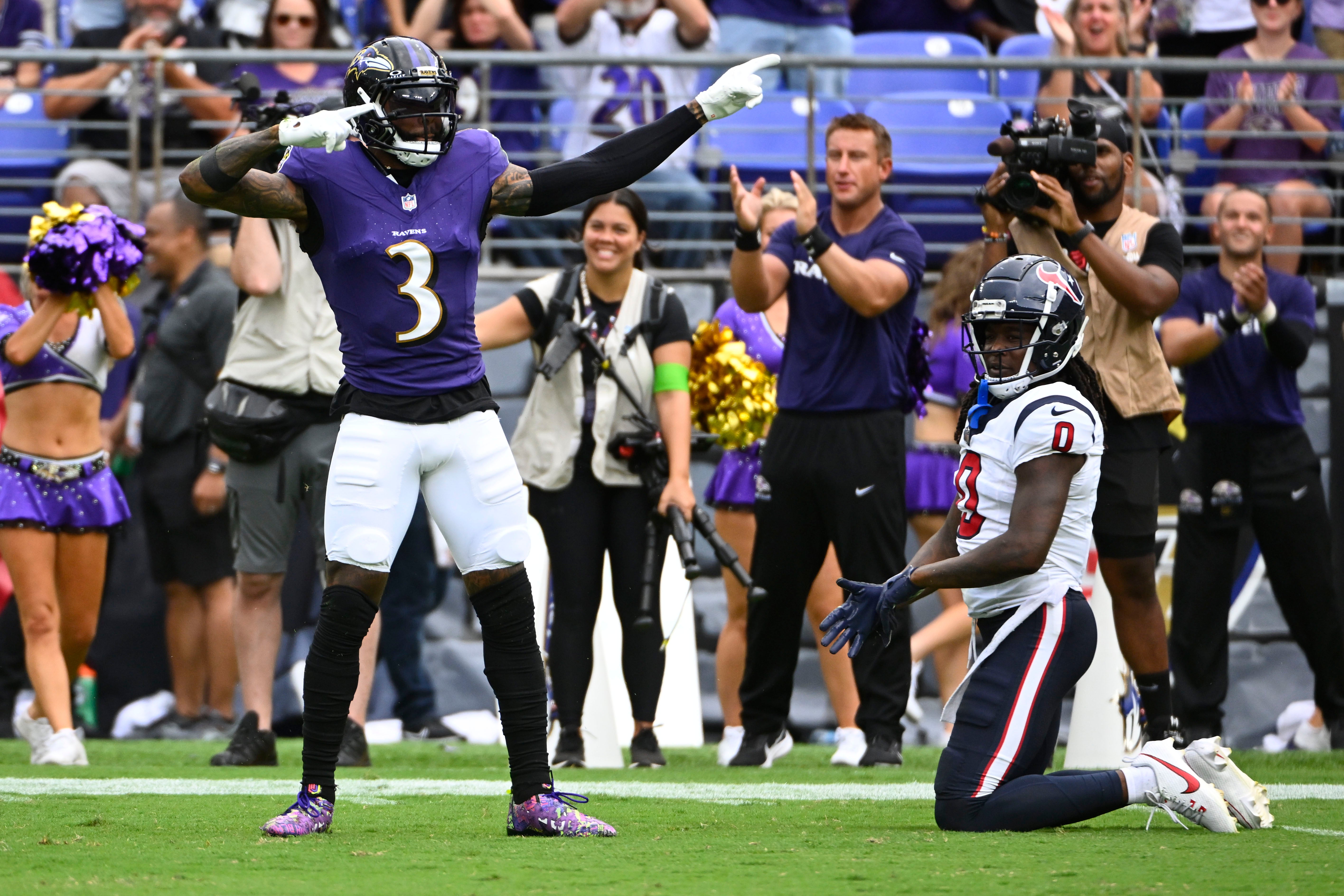Sep 10, 2023; Baltimore, Maryland, USA; Baltimore Ravens wide receiver Odell Beckham Jr. (3) reacts after a reception against the Houston Texans during the second half at M&T Bank Stadium. Mandatory Credit: Brad Mills-USA TODAY Sports