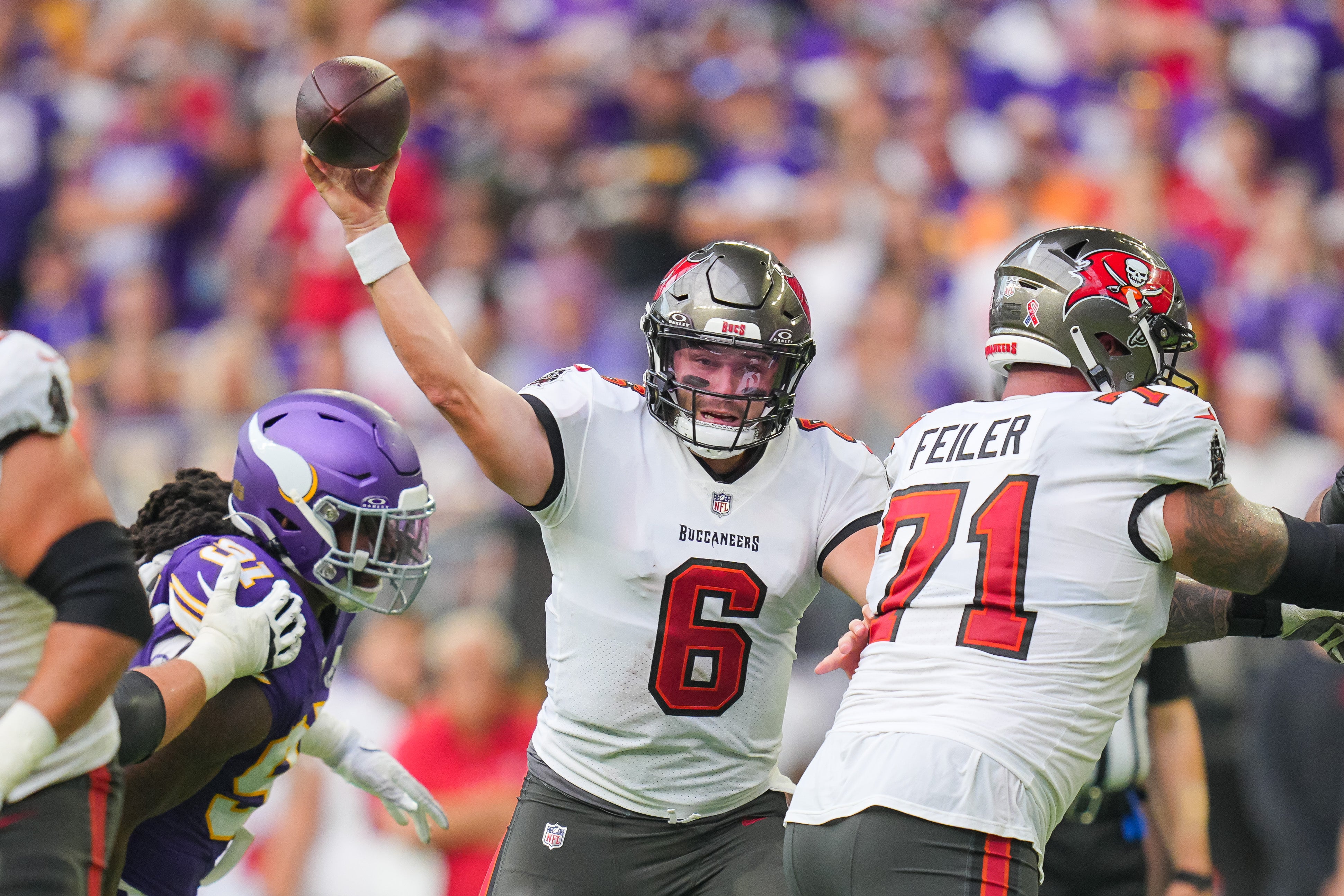 Sep 10, 2023; Minneapolis, Minnesota, USA; Tampa Bay Buccaneers quarterback Baker Mayfield (6) throws against the Minnesota Vikings in the third quarter at U.S. Bank Stadium. Mandatory Credit: Brad Rempel-USA TODAY Sports